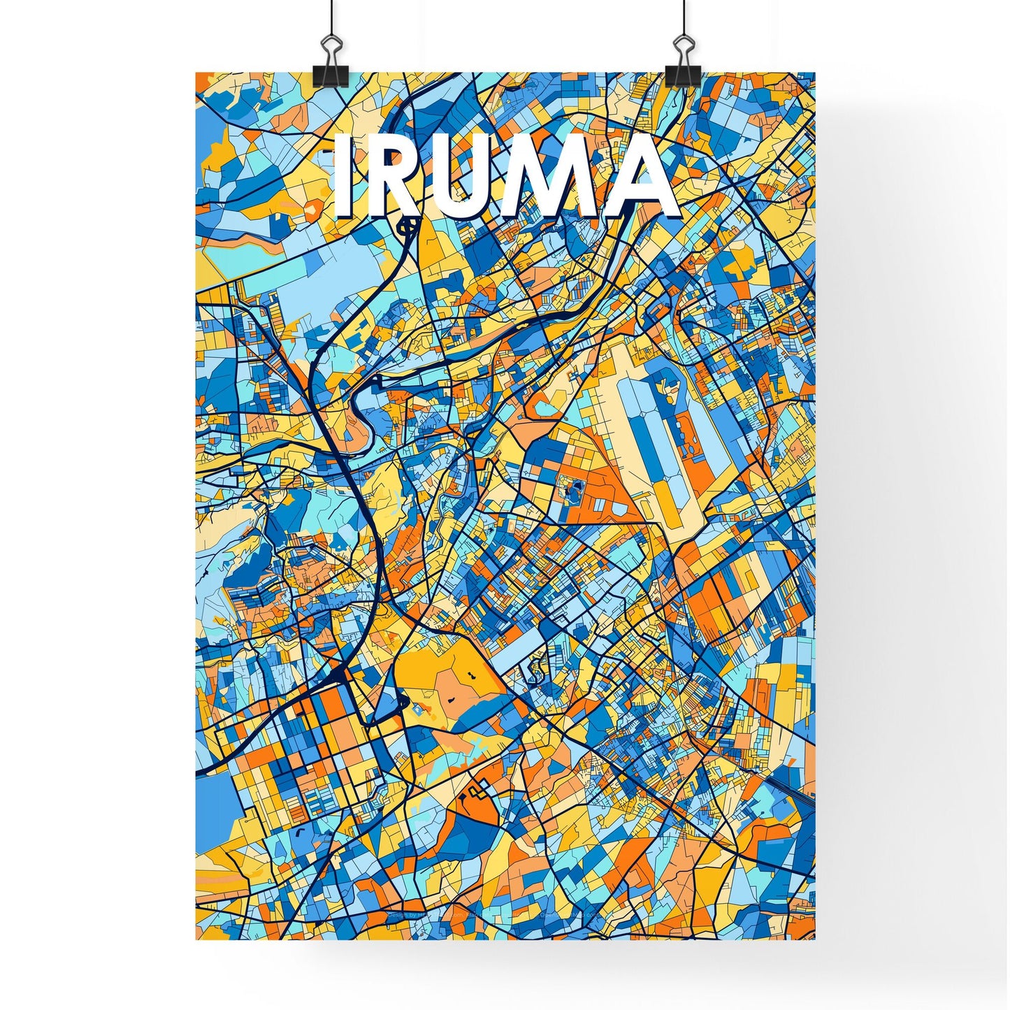 IRUMA JAPAN Vibrant Colorful Art Map Poster Blue Orange