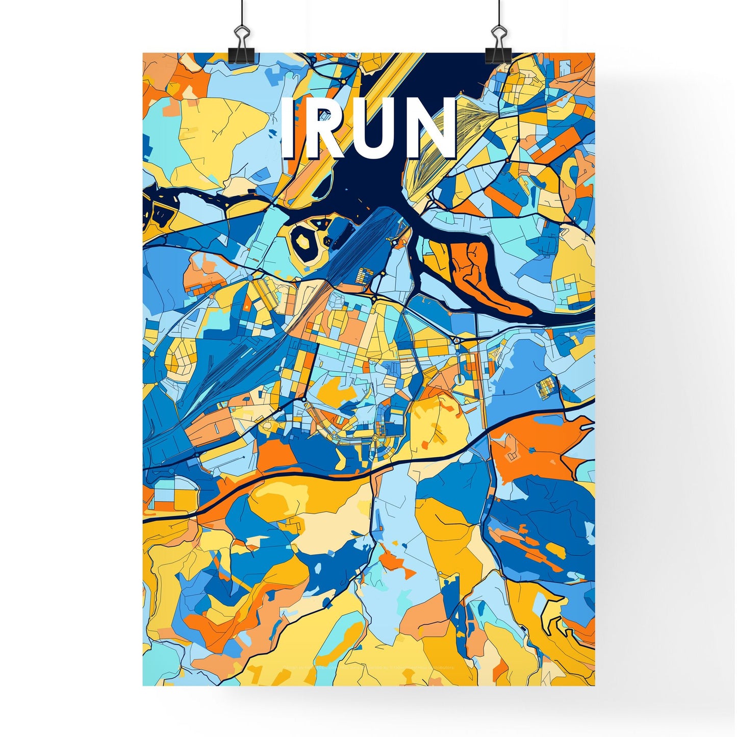 IRUN SPAIN Vibrant Colorful Art Map Poster Blue Orange