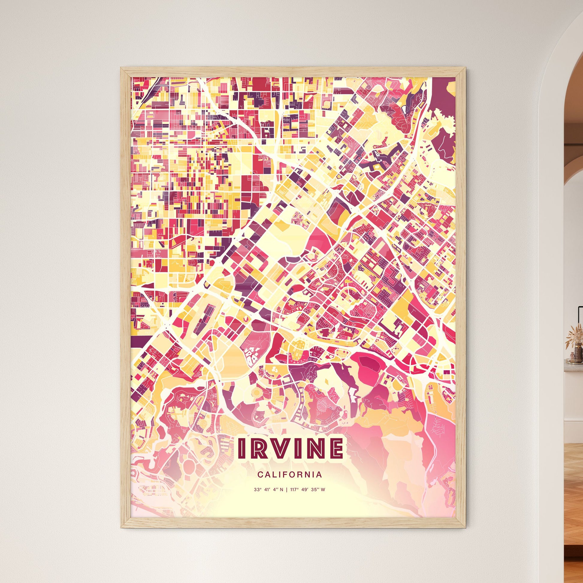 Colorful Irvine California Fine Art Map Hot Red