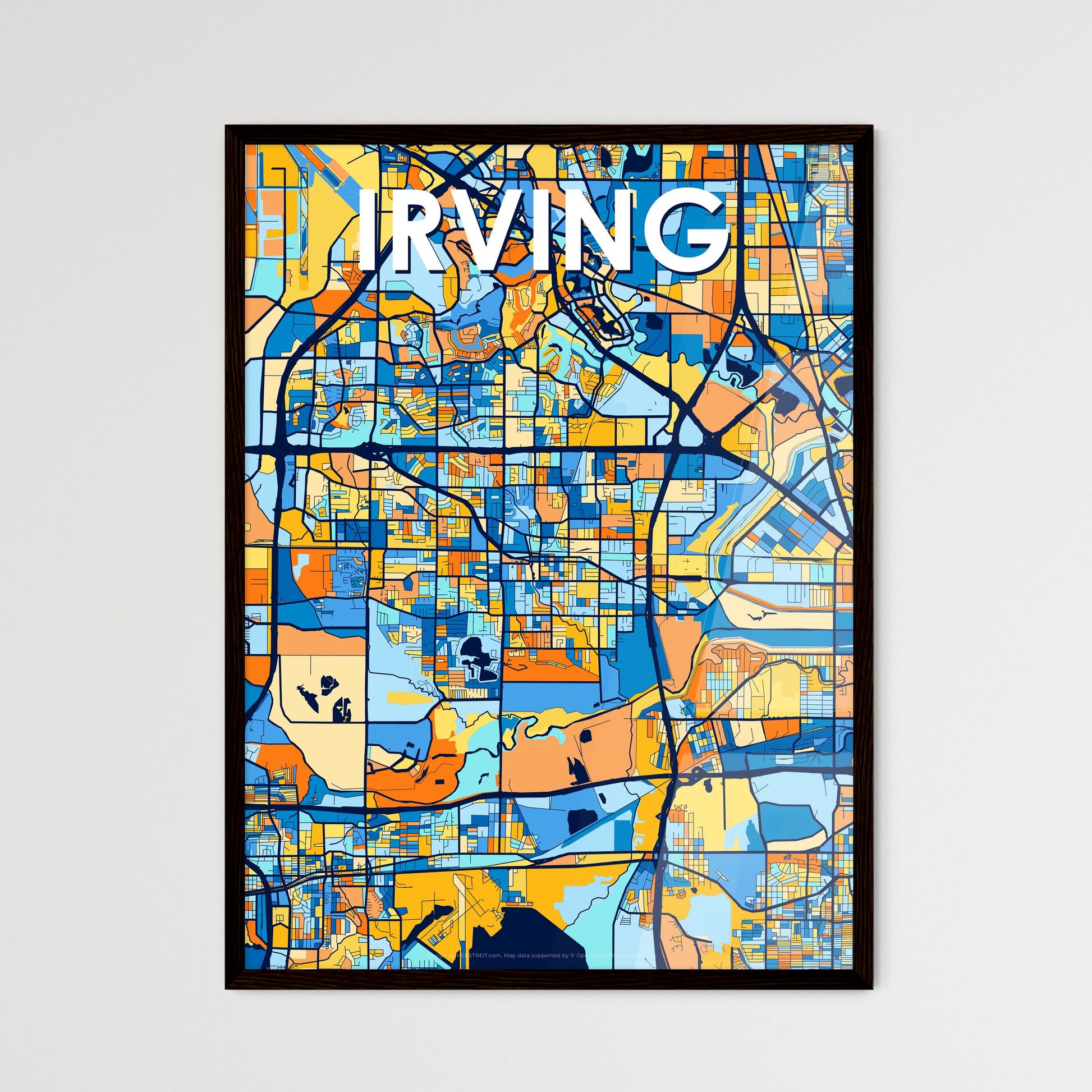 IRVING TEXAS Vibrant Colorful Art Map Poster Blue Orange