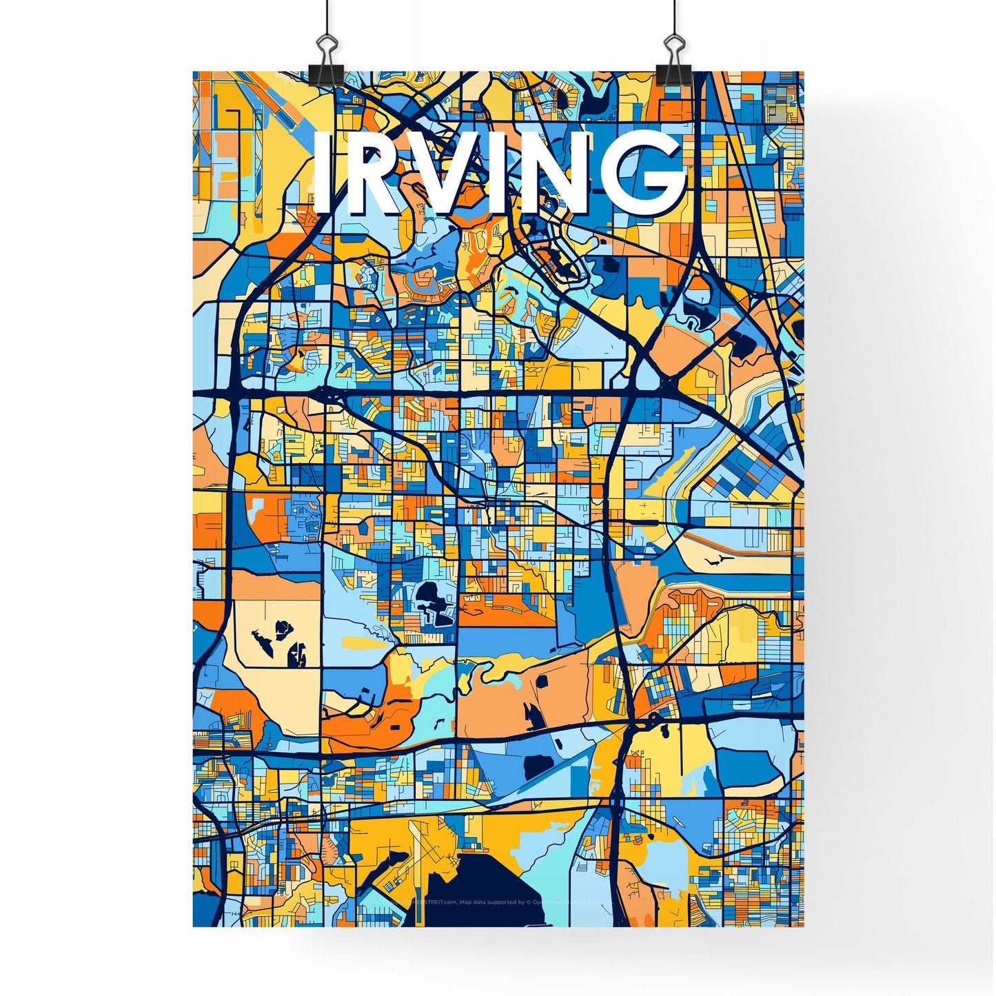 IRVING TEXAS Vibrant Colorful Art Map Poster Blue Orange