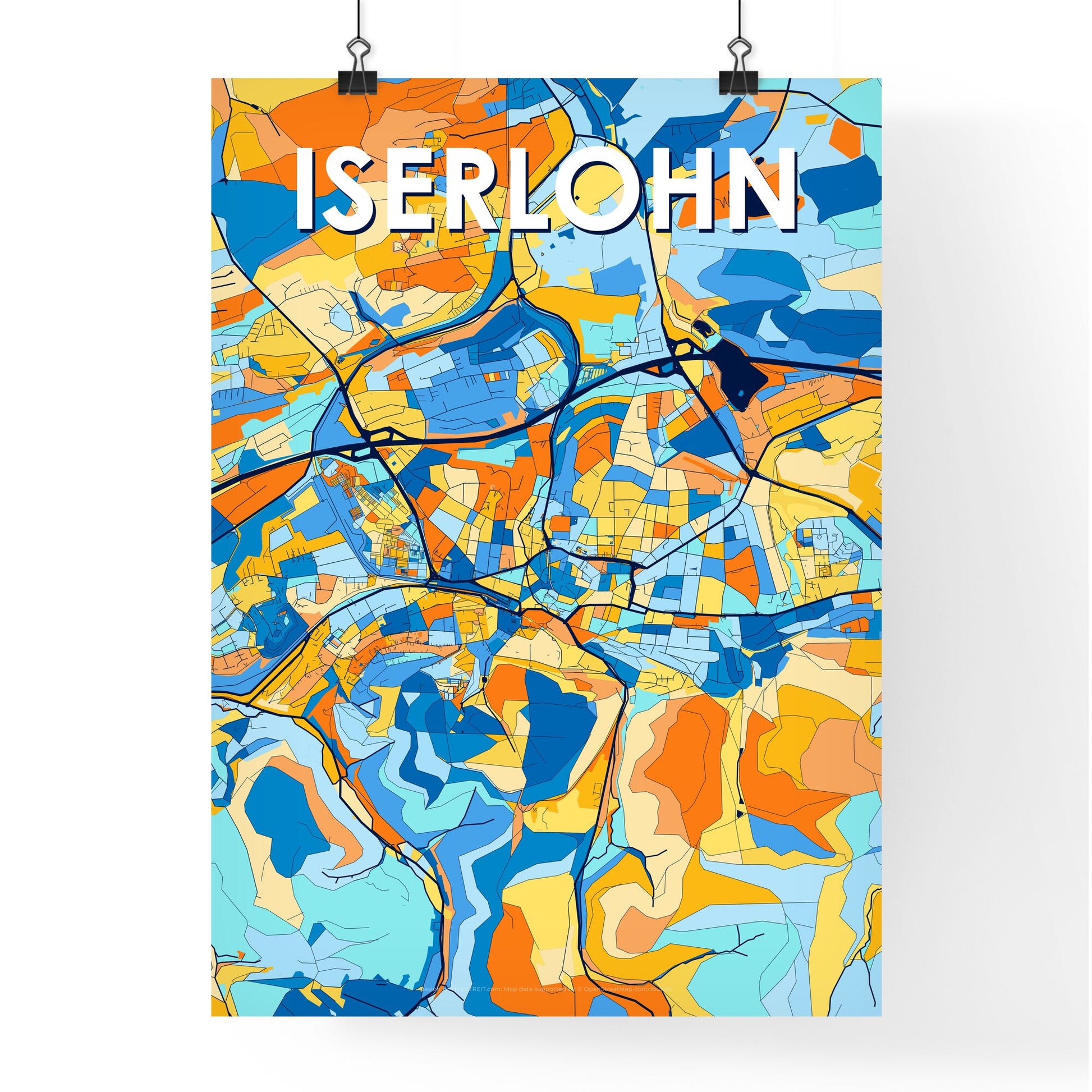 ISERLOHN GERMANY Vibrant Colorful Art Map Poster Blue Orange