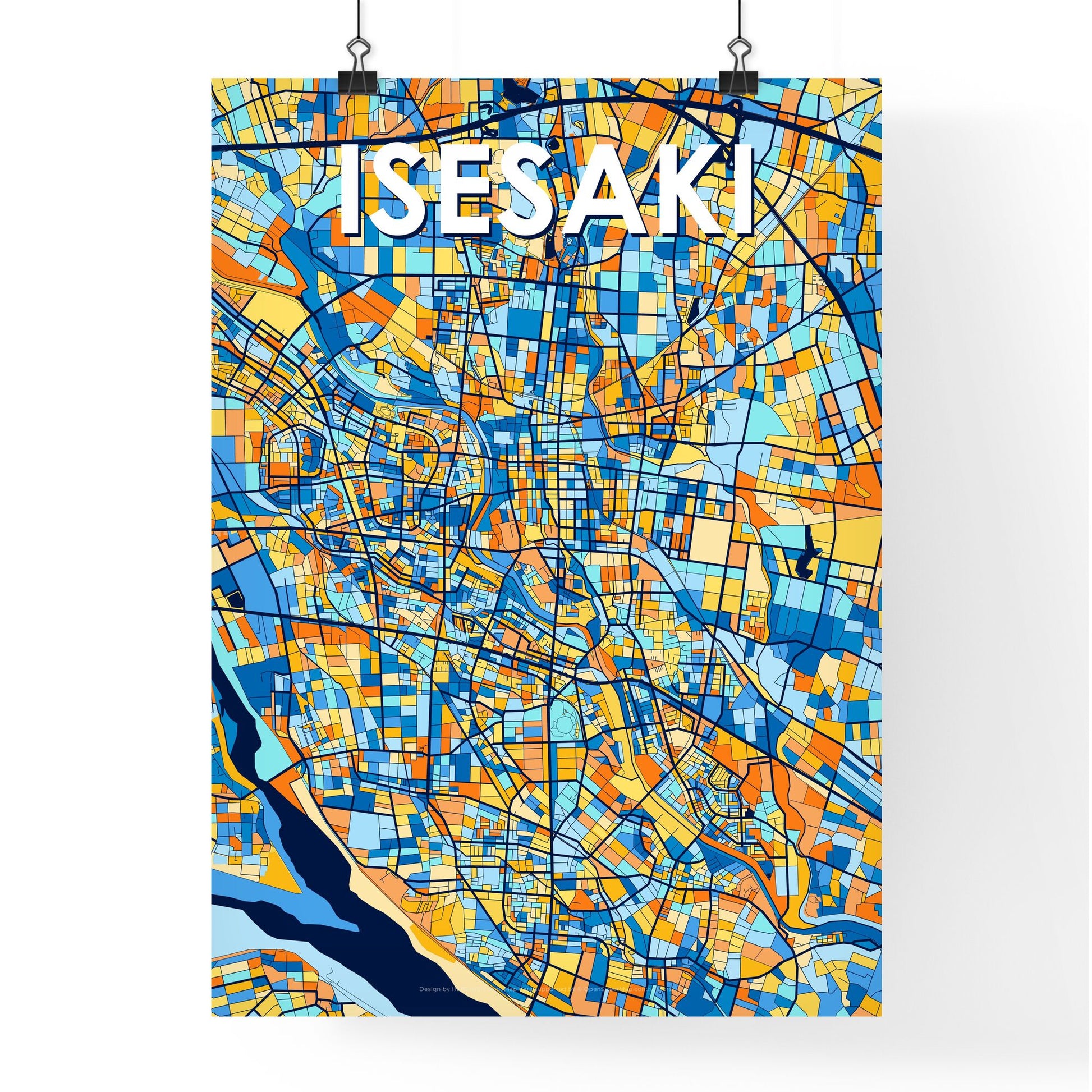 ISESAKI JAPAN Vibrant Colorful Art Map Poster Blue Orange