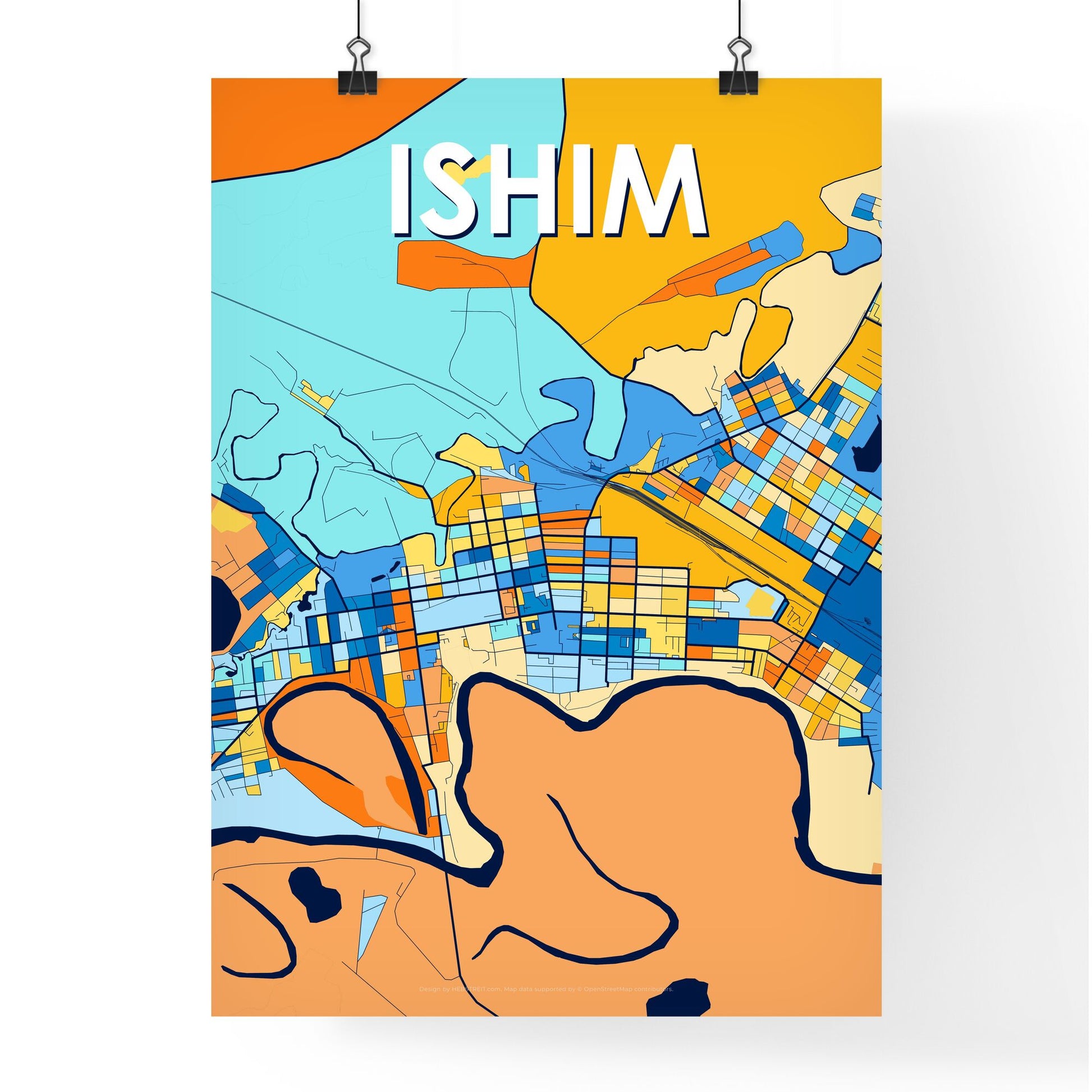 ISHIM RUSSIA Vibrant Colorful Art Map Poster Blue Orange