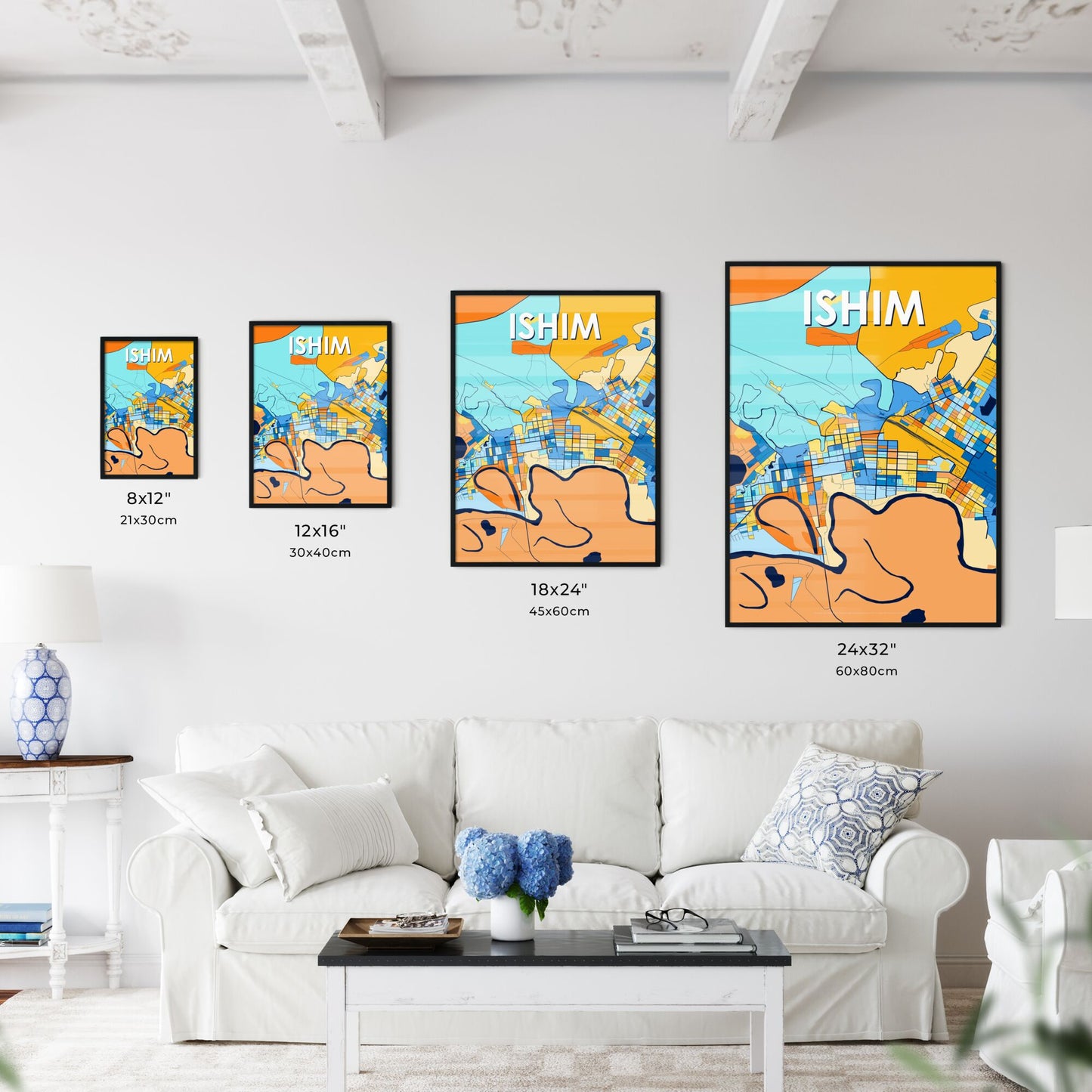 ISHIM RUSSIA Vibrant Colorful Art Map Poster Blue Orange