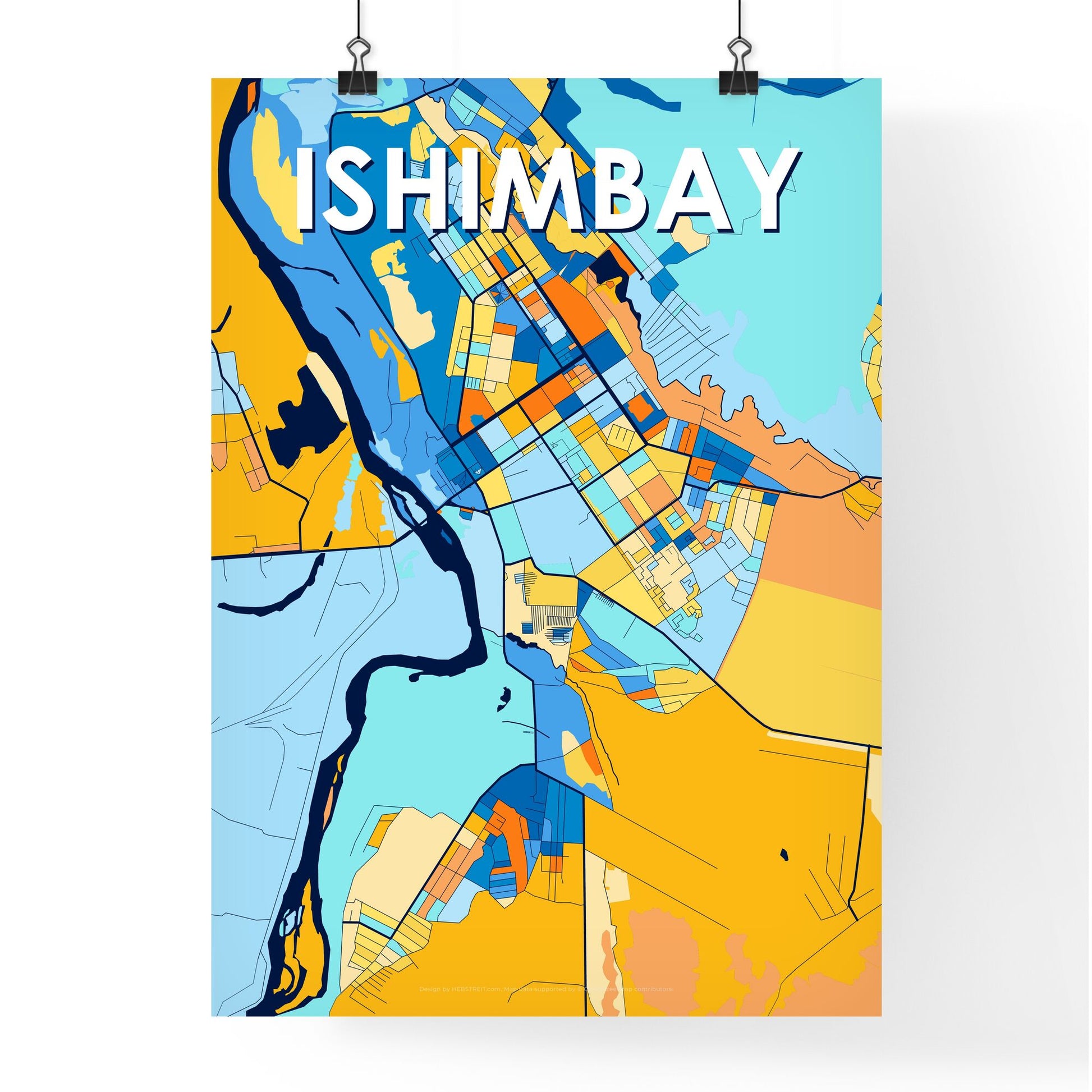 ISHIMBAY RUSSIA Vibrant Colorful Art Map Poster Blue Orange