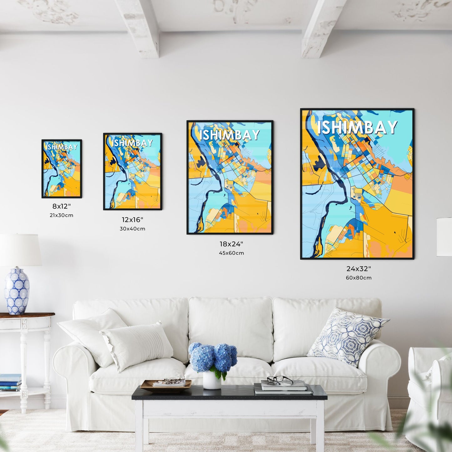 ISHIMBAY RUSSIA Vibrant Colorful Art Map Poster Blue Orange