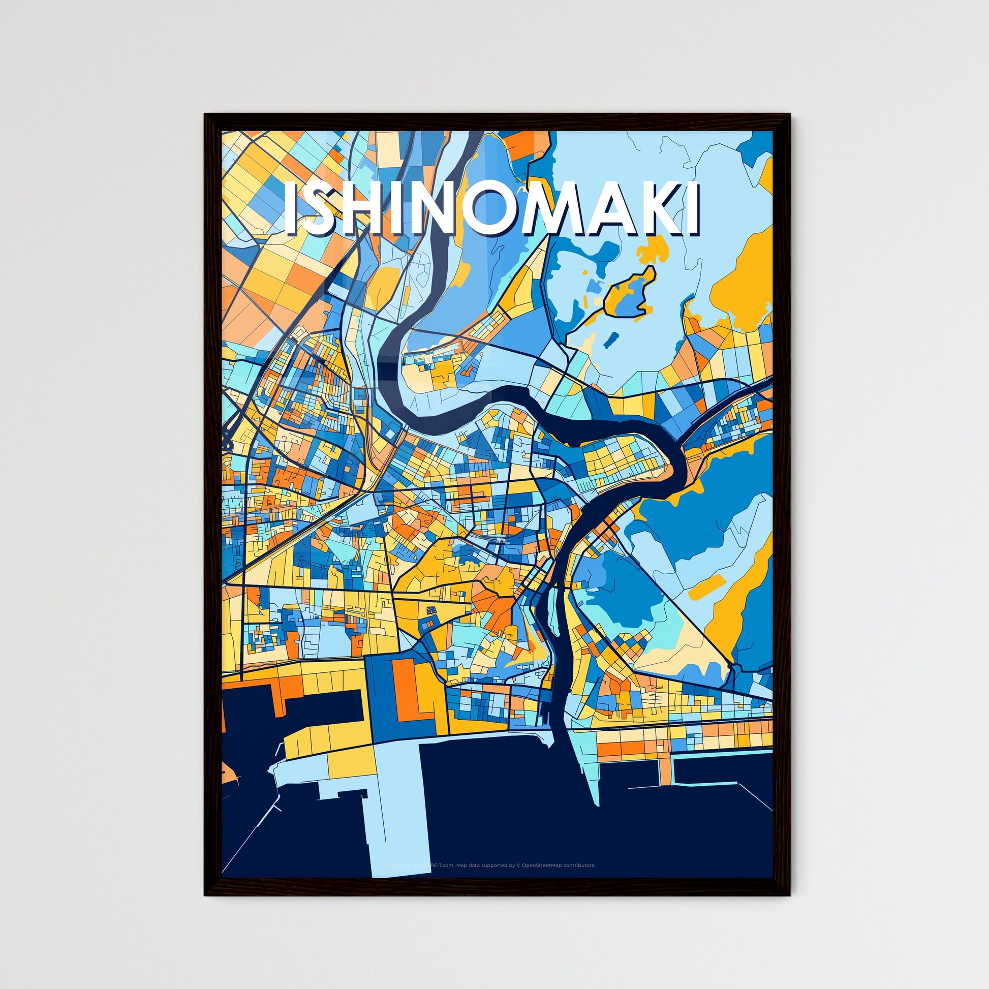 ISHINOMAKI JAPAN Vibrant Colorful Art Map Poster Blue Orange