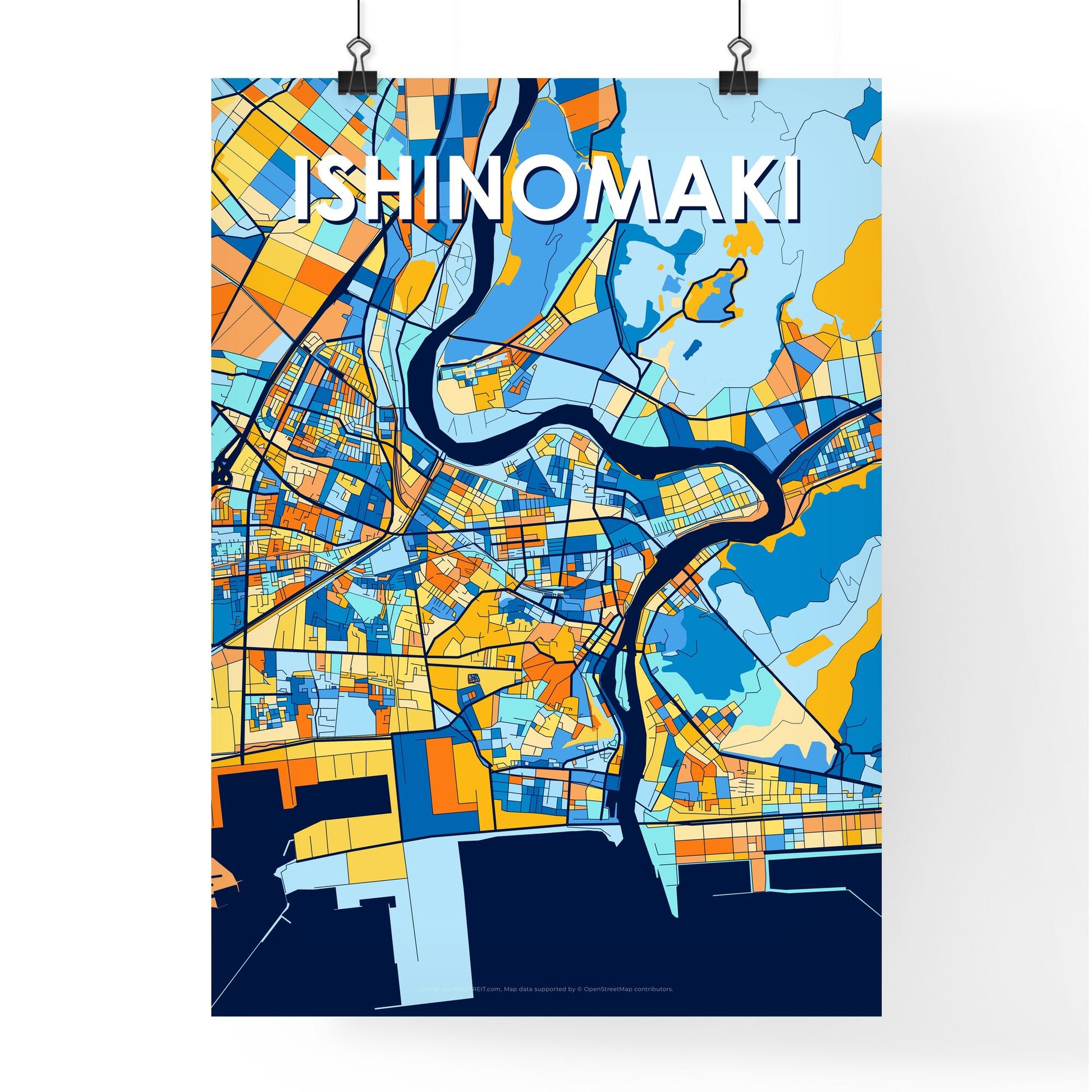 ISHINOMAKI JAPAN Vibrant Colorful Art Map Poster Blue Orange