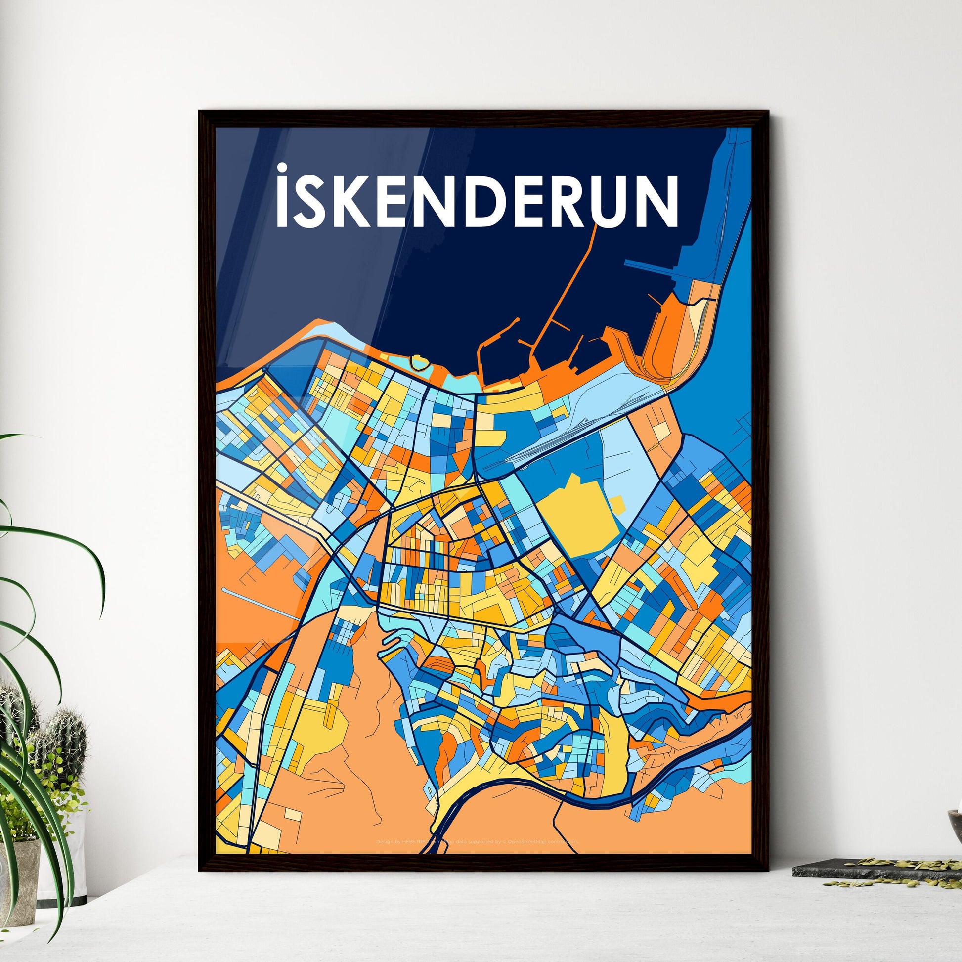 İSKENDERUN TURKEY Vibrant Colorful Art Map Poster Blue Orange