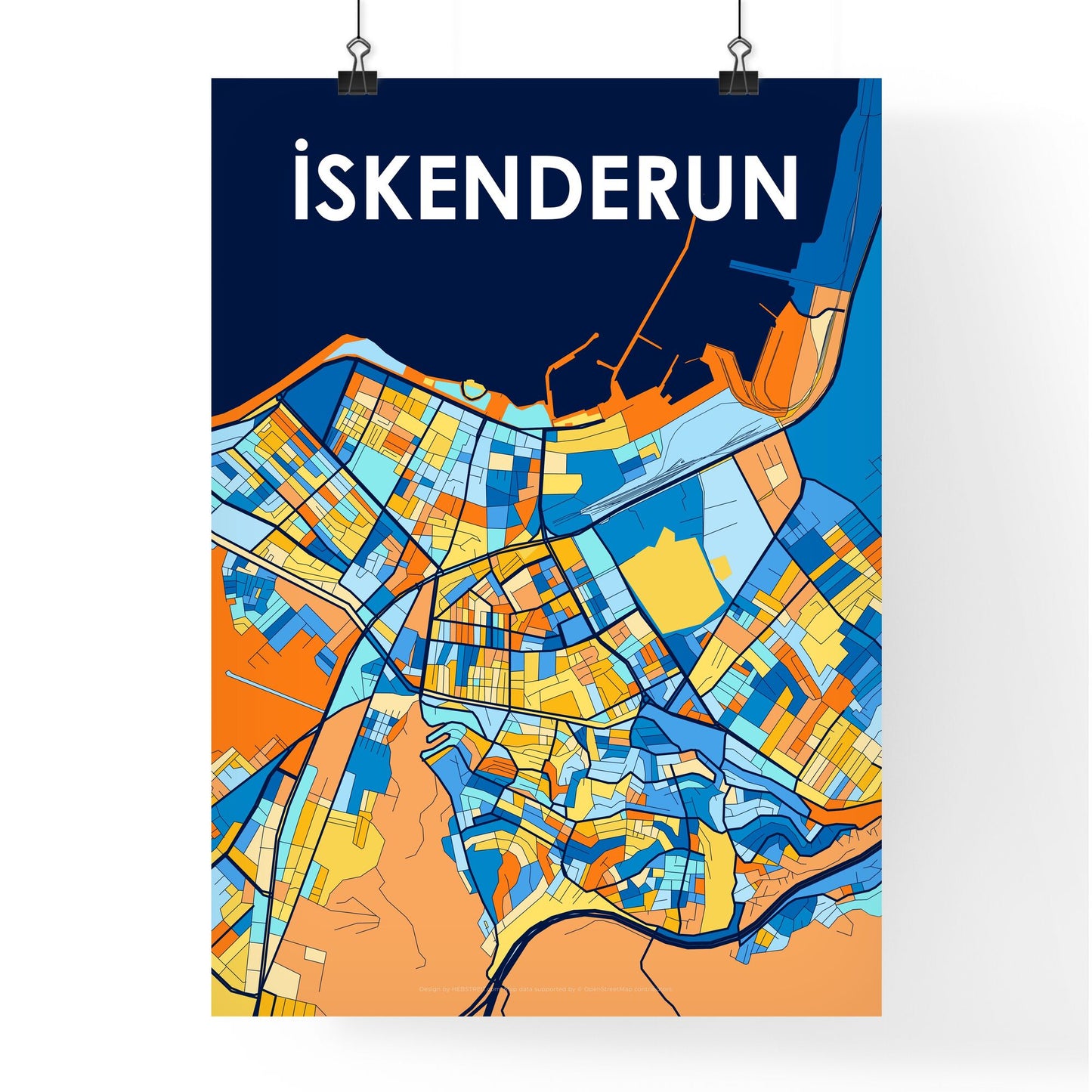 İSKENDERUN TURKEY Vibrant Colorful Art Map Poster Blue Orange