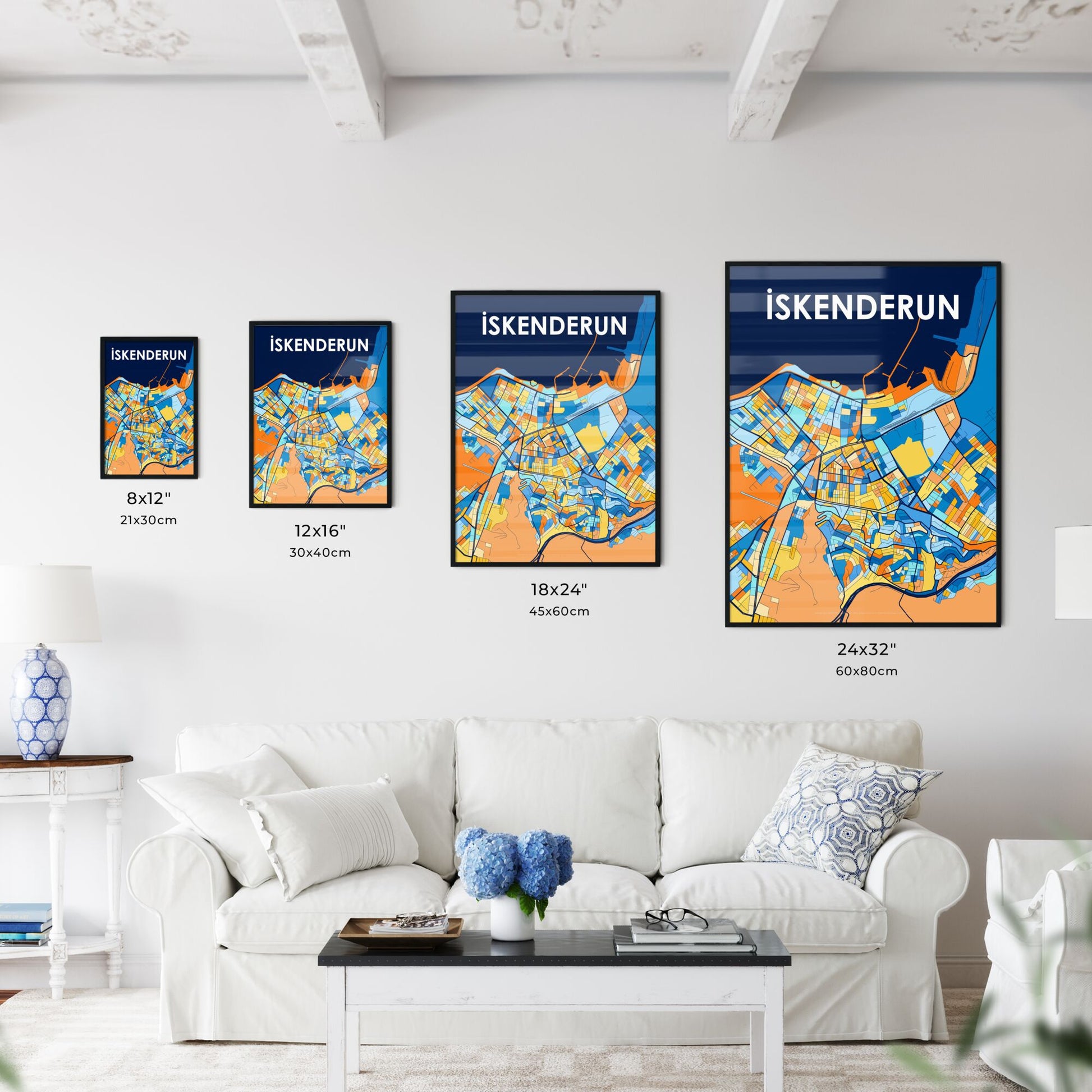 İSKENDERUN TURKEY Vibrant Colorful Art Map Poster Blue Orange