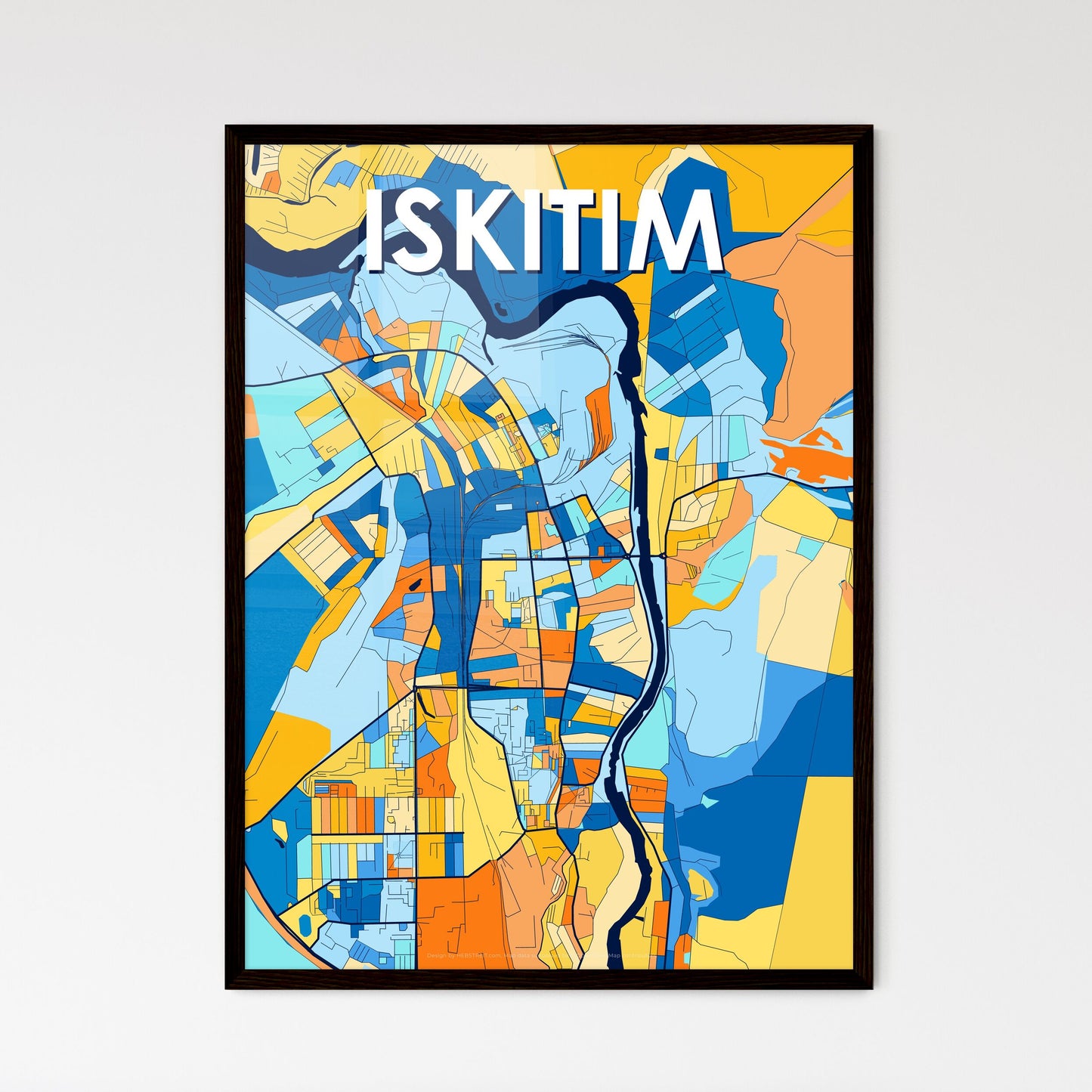 ISKITIM RUSSIA Vibrant Colorful Art Map Poster Blue Orange