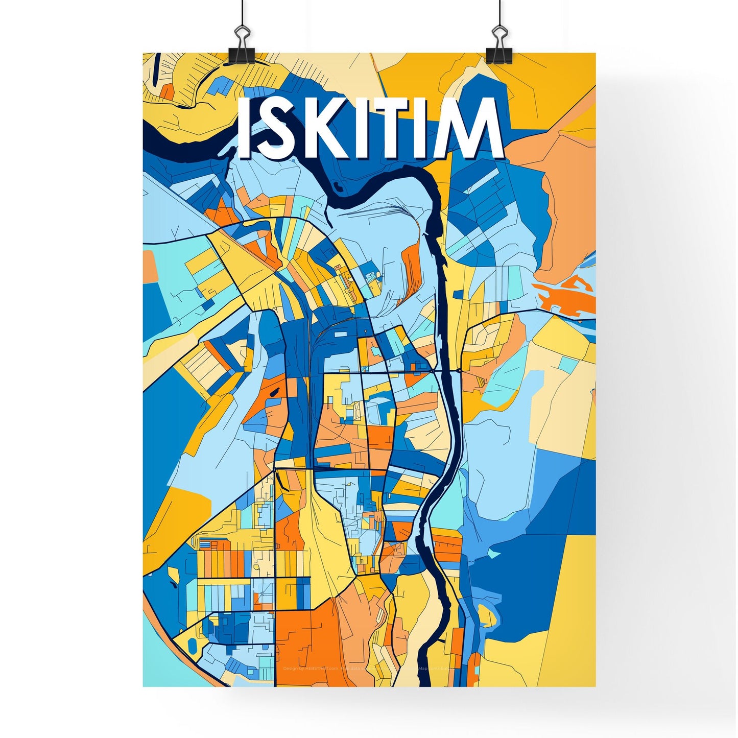 ISKITIM RUSSIA Vibrant Colorful Art Map Poster Blue Orange