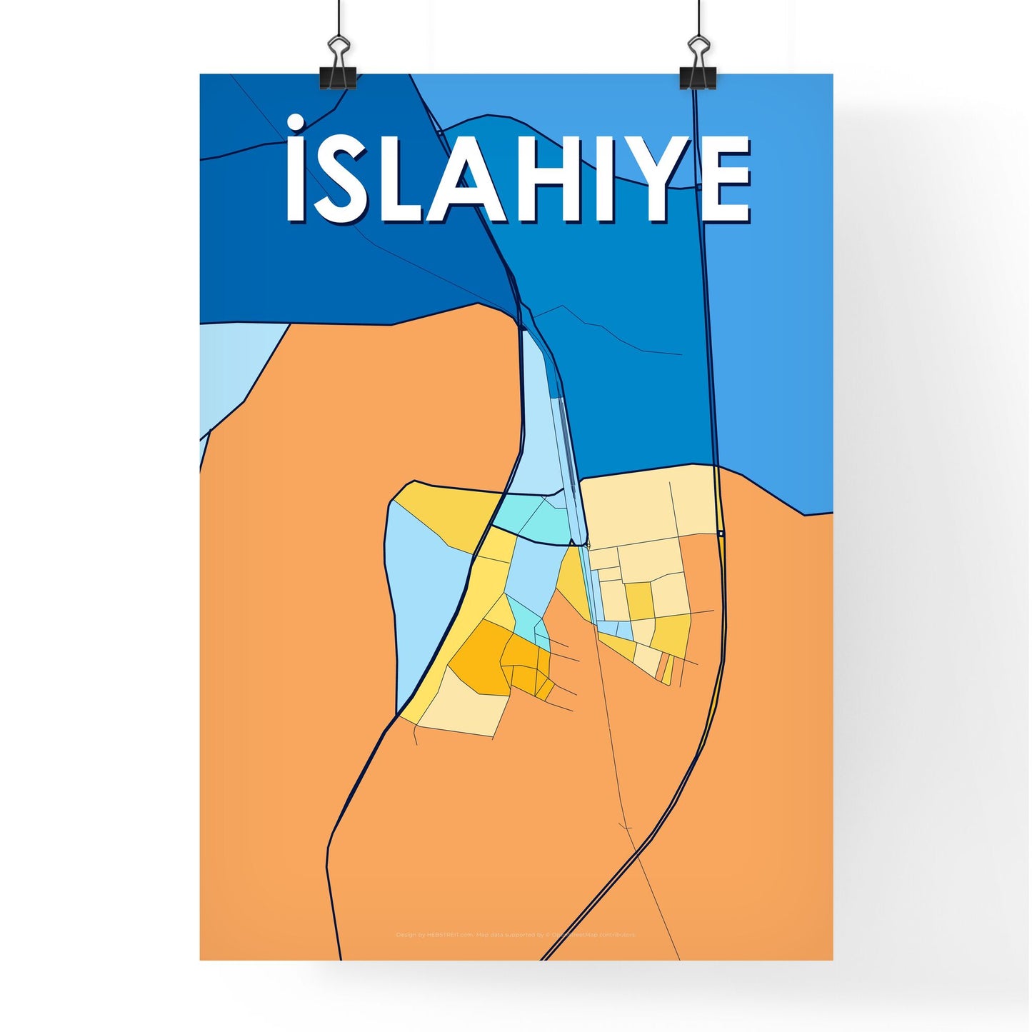 İSLAHIYE TURKEY Vibrant Colorful Art Map Poster Blue Orange