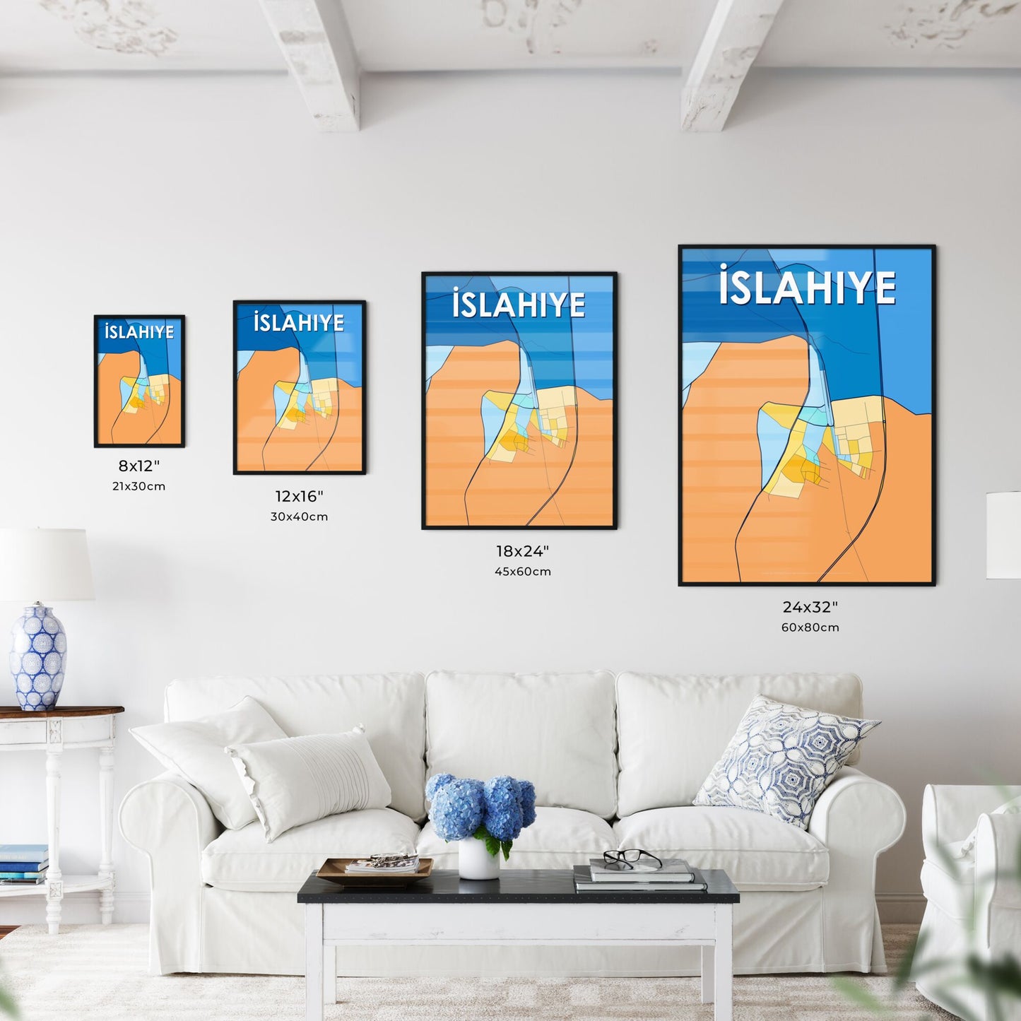 İSLAHIYE TURKEY Vibrant Colorful Art Map Poster Blue Orange