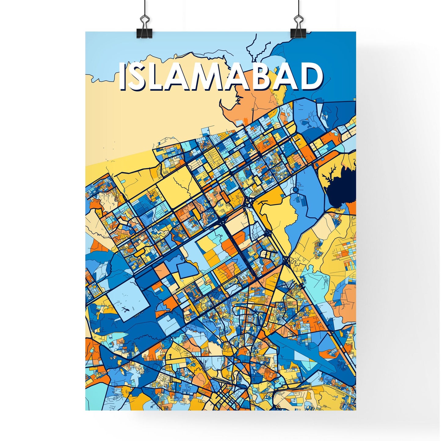 ISLAMABAD PAKISTAN Vibrant Colorful Art Map Poster Blue Orange