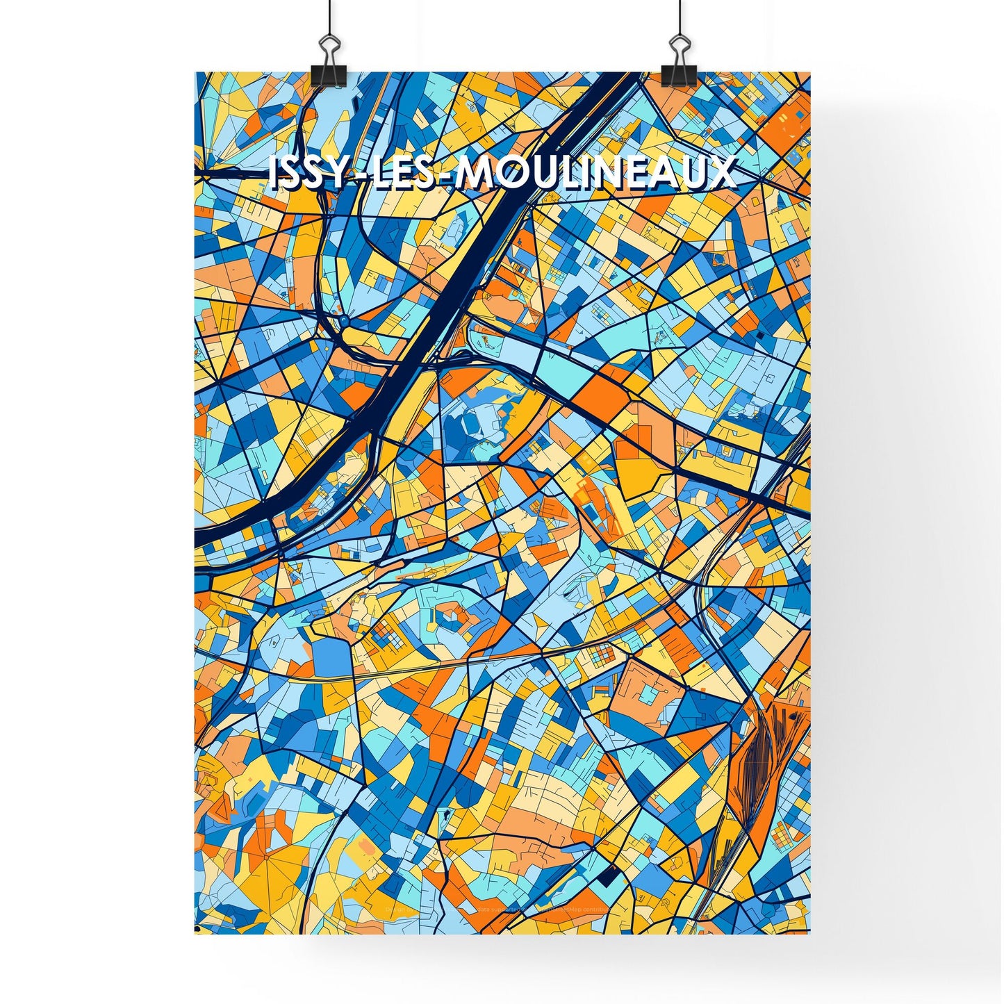 ISSY-LES-MOULINEAUX FRANCE Vibrant Colorful Art Map Poster Blue Orange