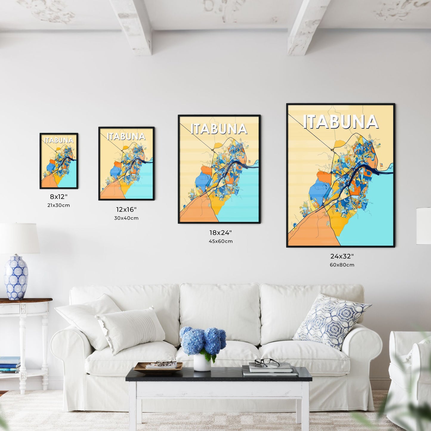 ITABUNA BRAZIL Vibrant Colorful Art Map Poster Blue Orange