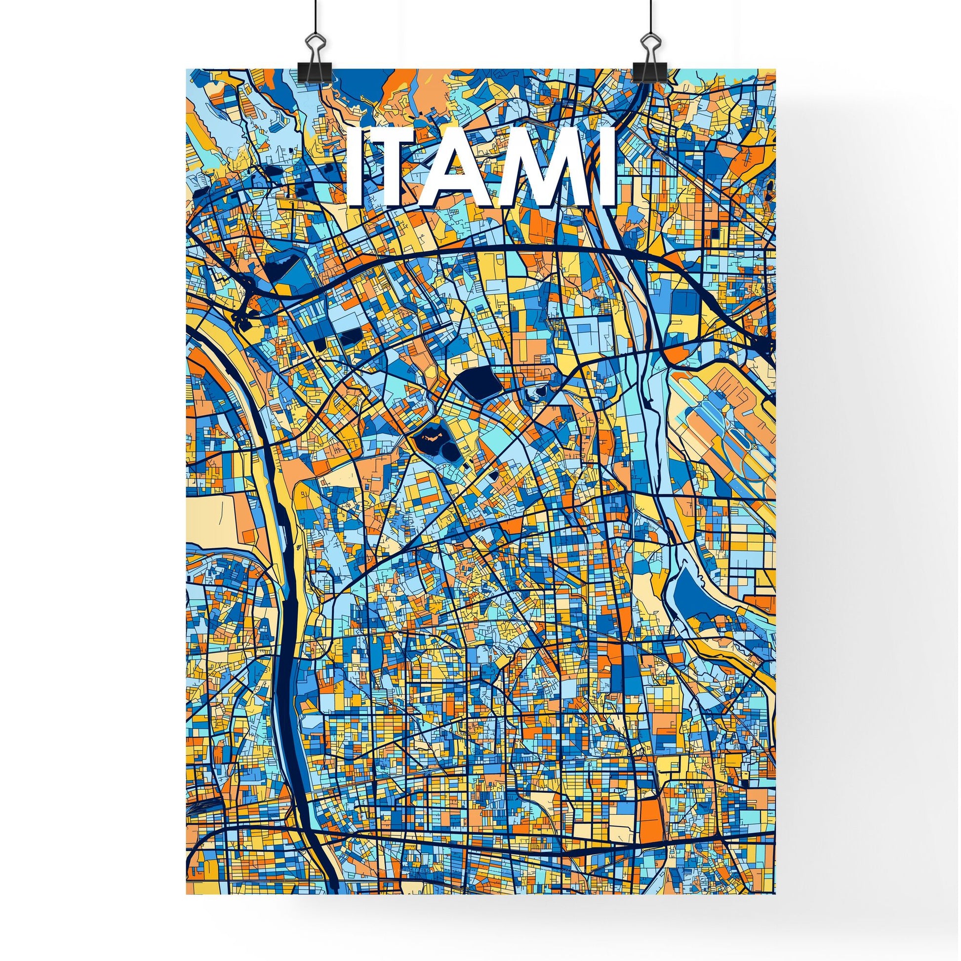 ITAMI JAPAN Vibrant Colorful Art Map Poster Blue Orange