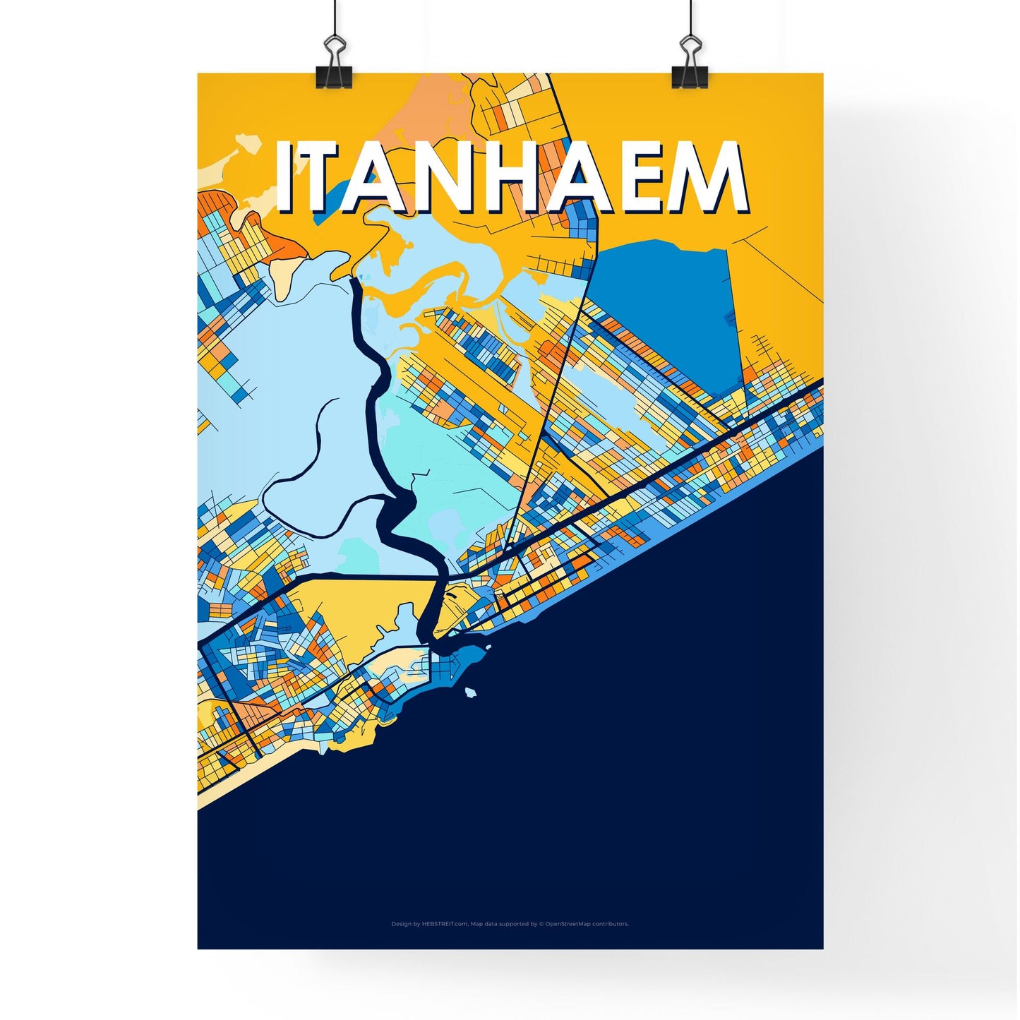 ITANHAEM BRAZIL Vibrant Colorful Art Map Poster Blue Orange