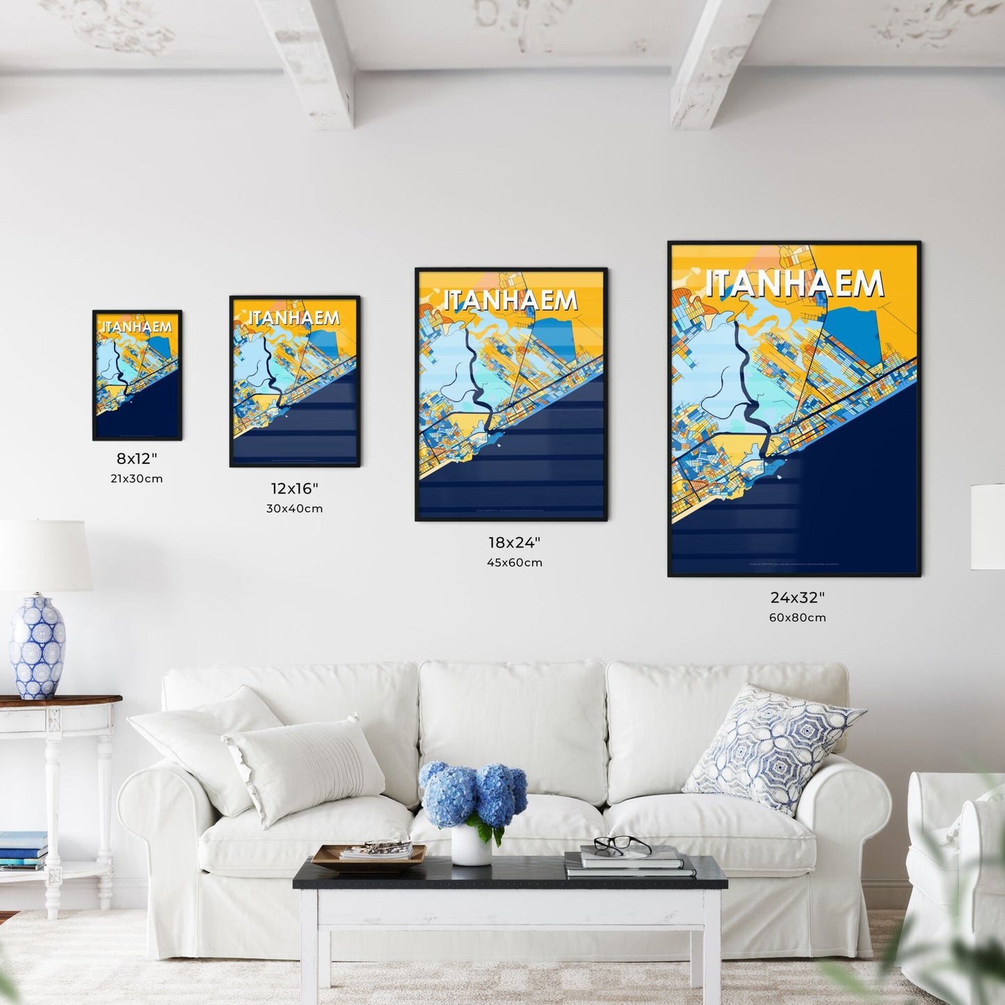 ITANHAEM BRAZIL Vibrant Colorful Art Map Poster Blue Orange