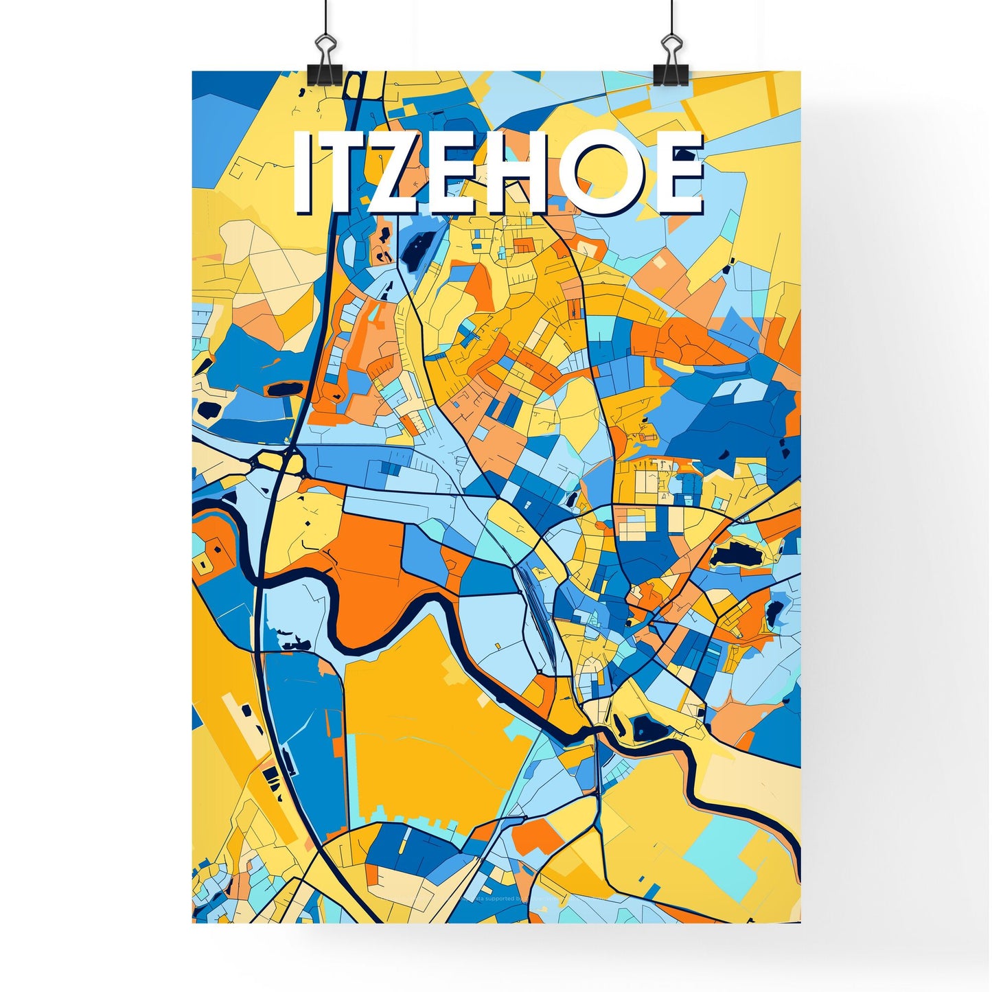 ITZEHOE GERMANY Vibrant Colorful Art Map Poster Blue Orange