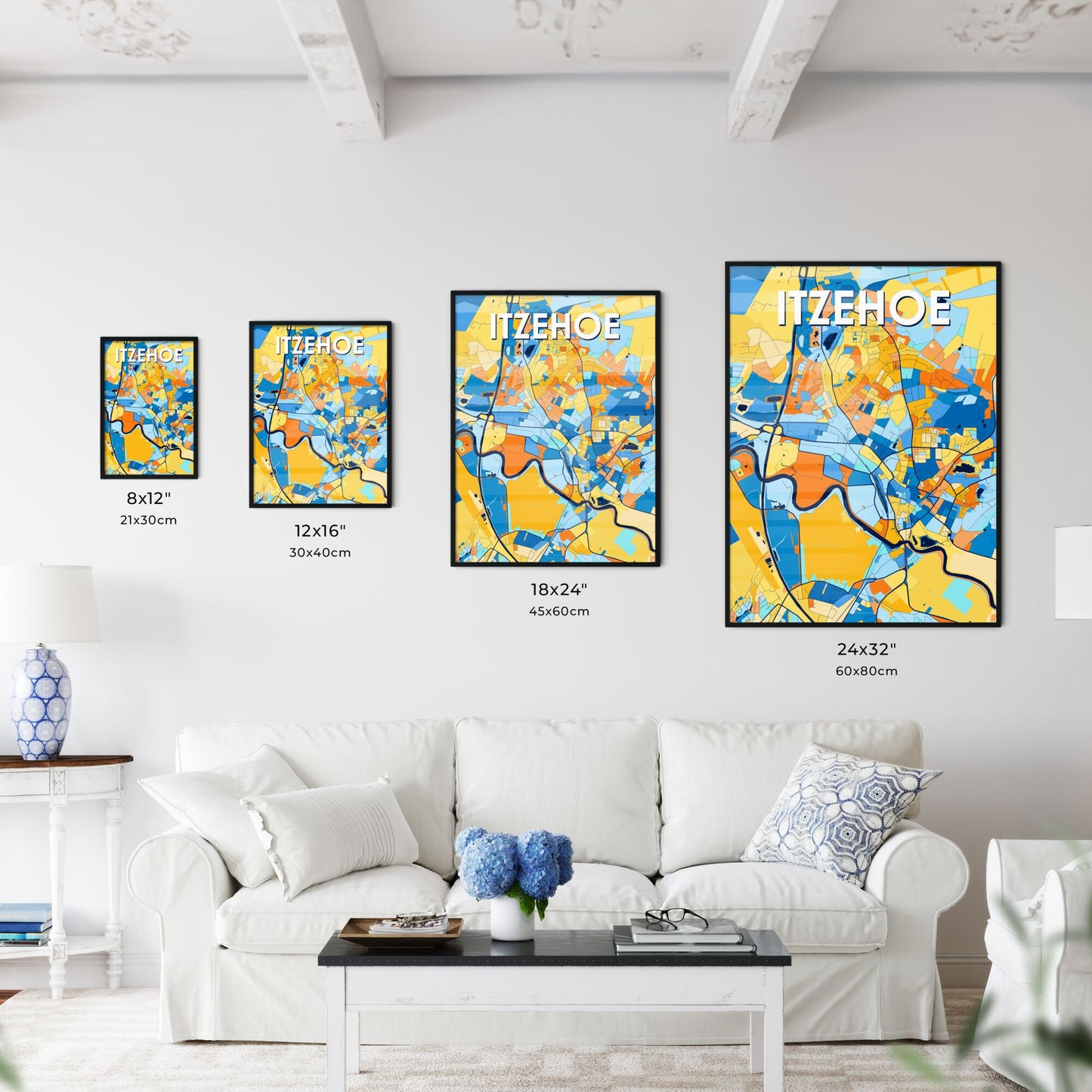 ITZEHOE GERMANY Vibrant Colorful Art Map Poster Blue Orange