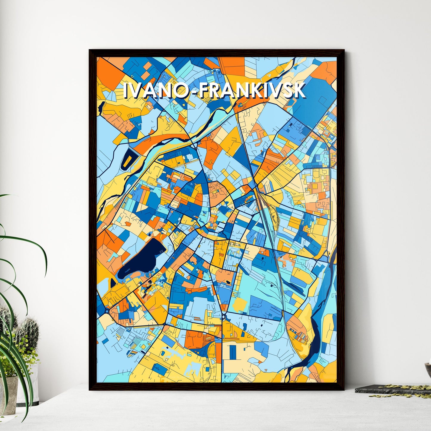 IVANO-FRANKIVSK UKRAINE Vibrant Colorful Art Map Poster Blue Orange