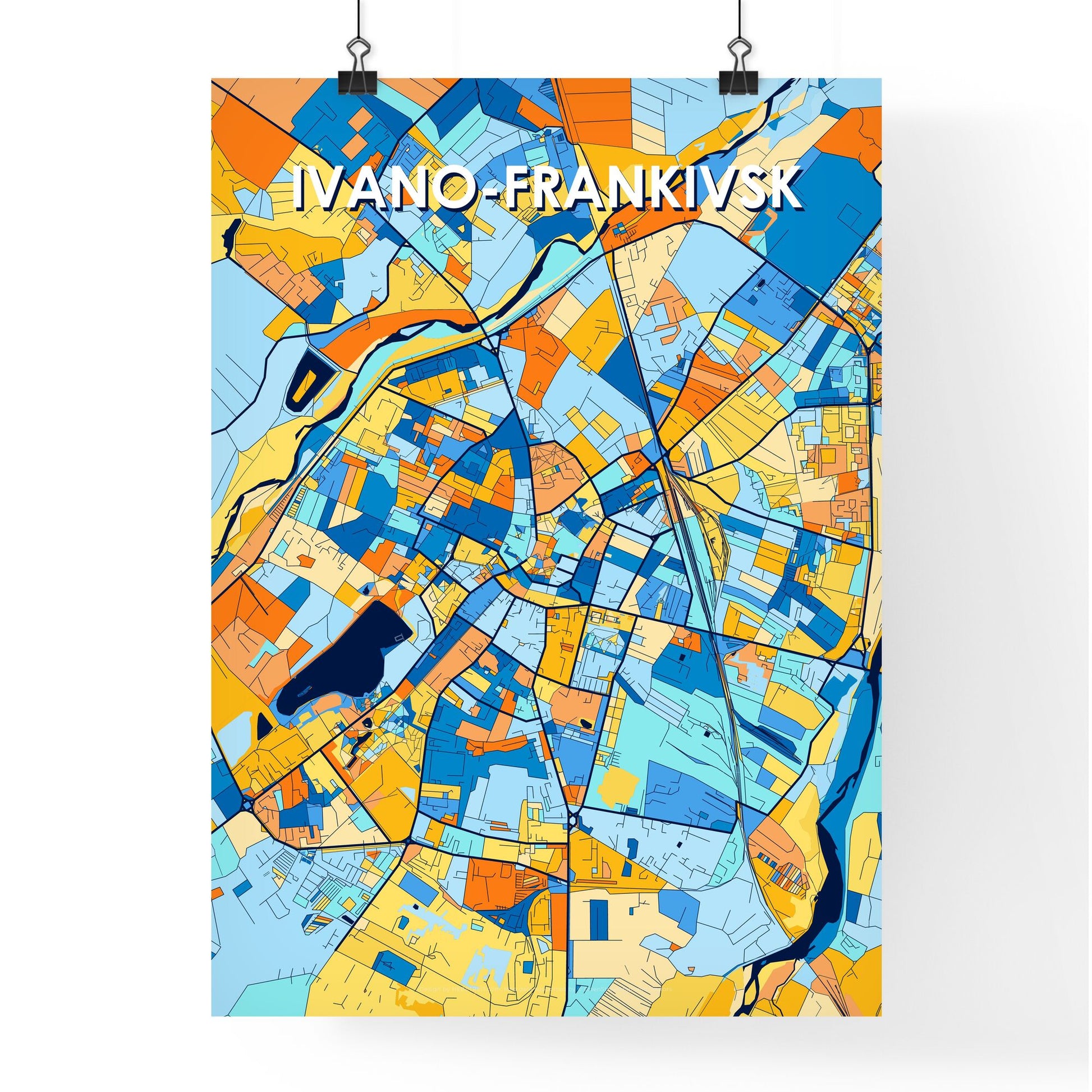 IVANO-FRANKIVSK UKRAINE Vibrant Colorful Art Map Poster Blue Orange