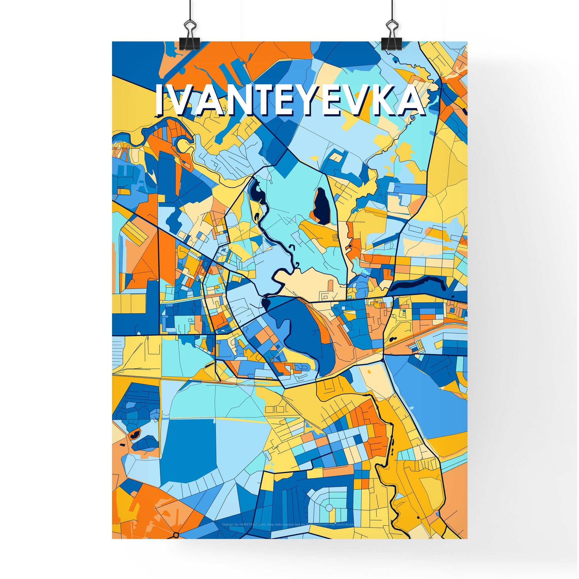 IVANTEYEVKA RUSSIA Vibrant Colorful Art Map Poster Blue Orange