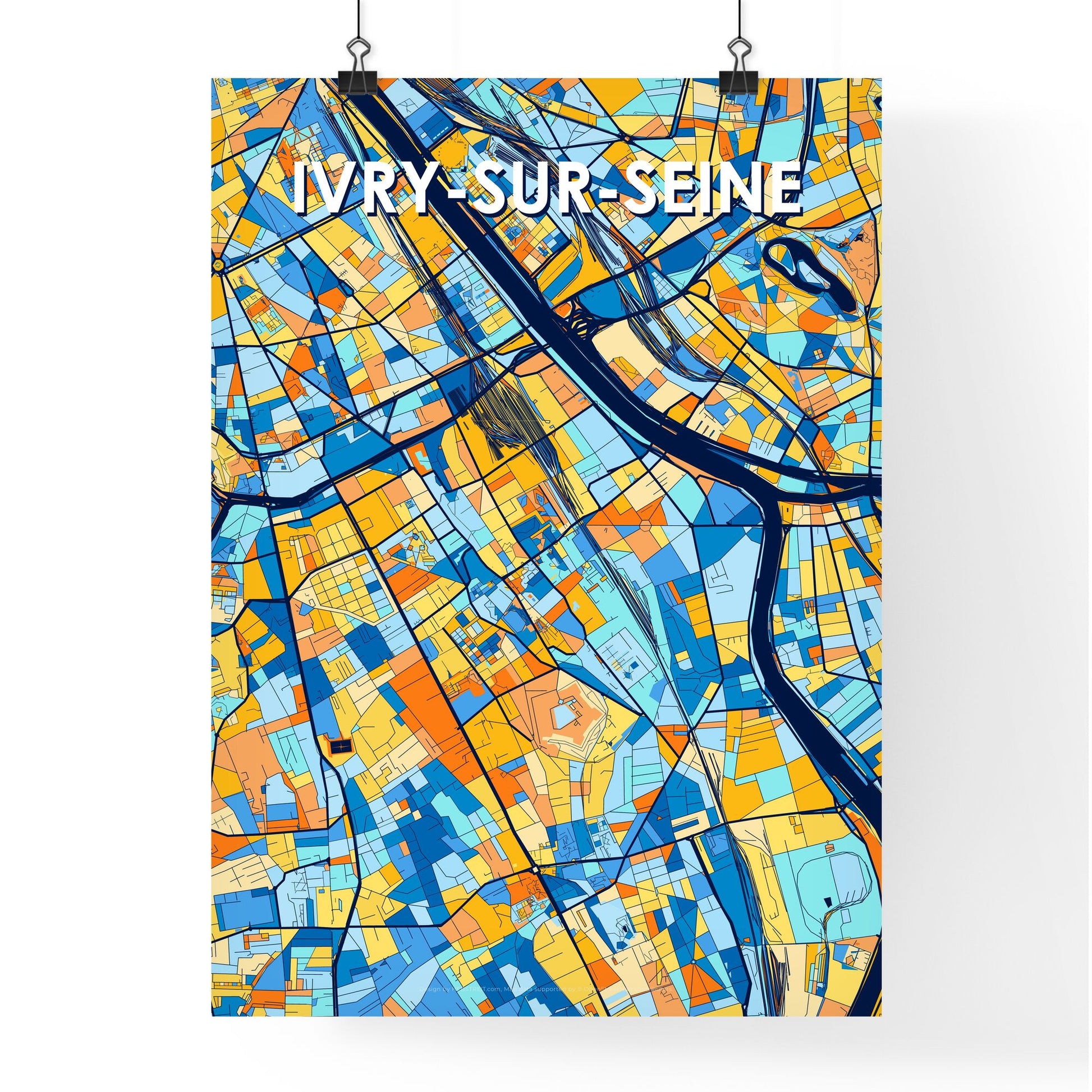 IVRY-SUR-SEINE FRANCE Vibrant Colorful Art Map Poster Blue Orange