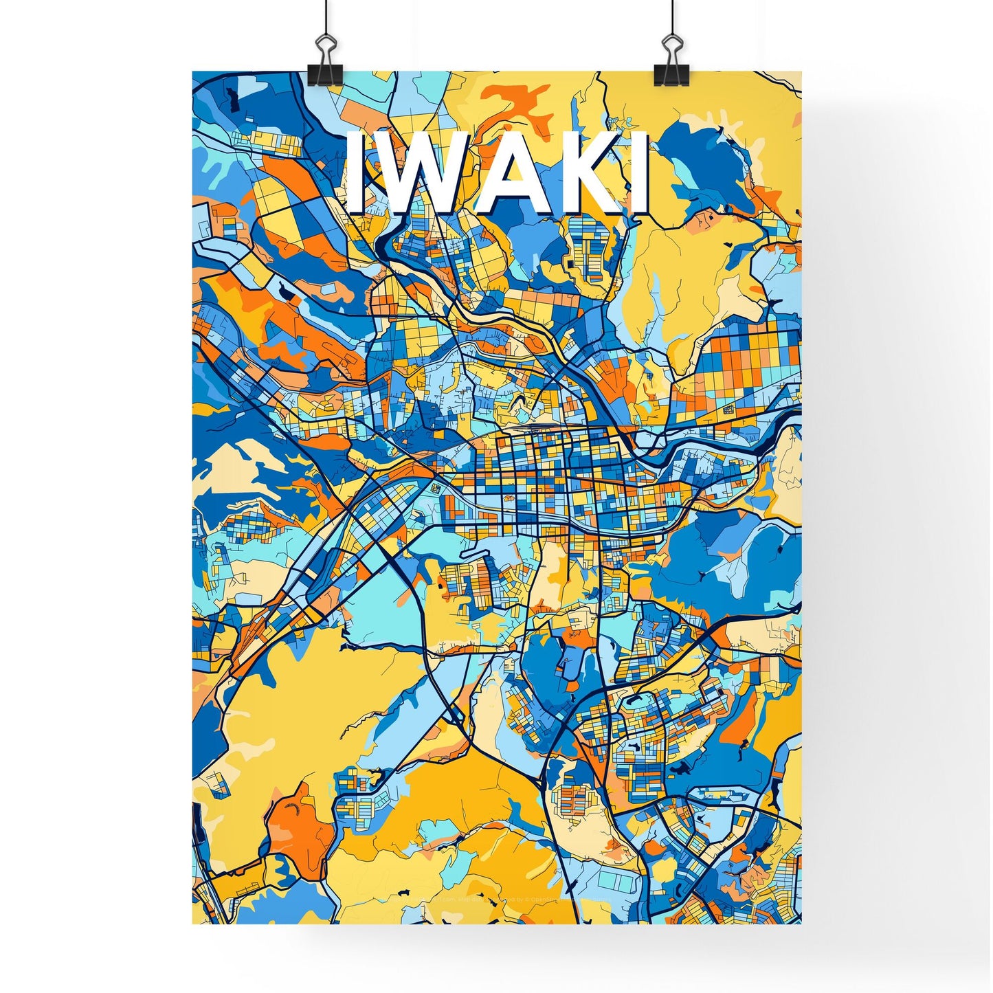 IWAKI JAPAN Vibrant Colorful Art Map Poster Blue Orange