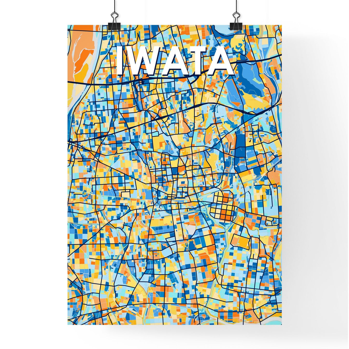 IWATA JAPAN Vibrant Colorful Art Map Poster Blue Orange