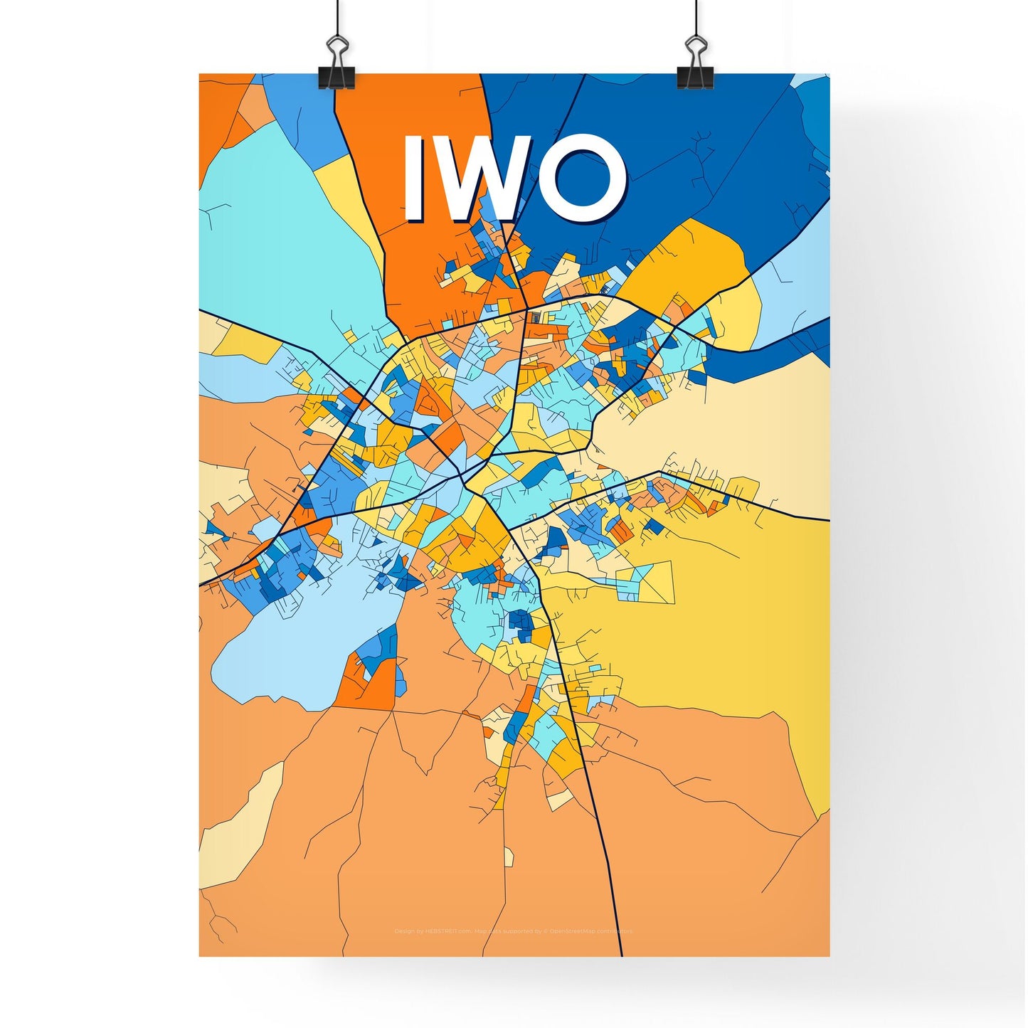 IWO NIGERIA Vibrant Colorful Art Map Poster Blue Orange