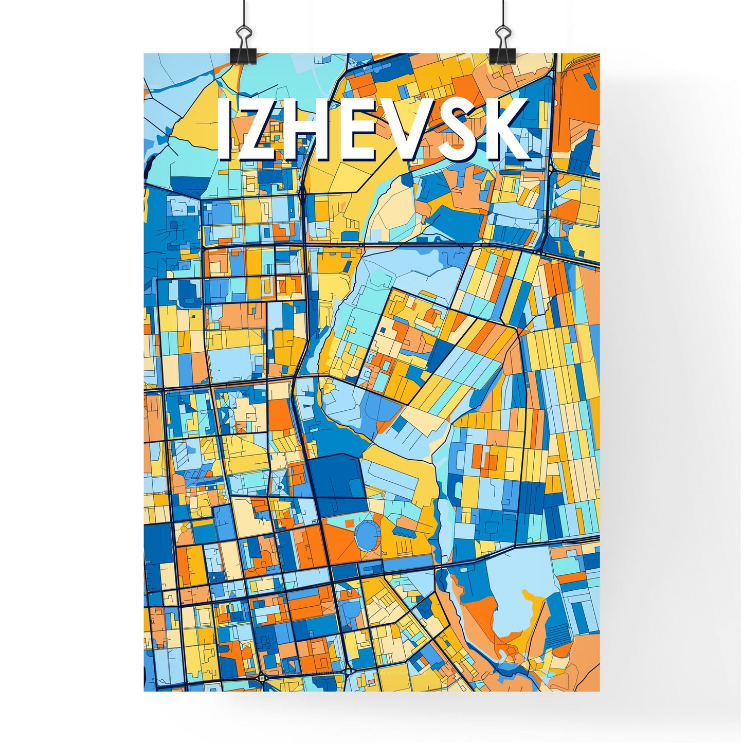 IZHEVSK RUSSIA Vibrant Colorful Art Map Poster Blue Orange