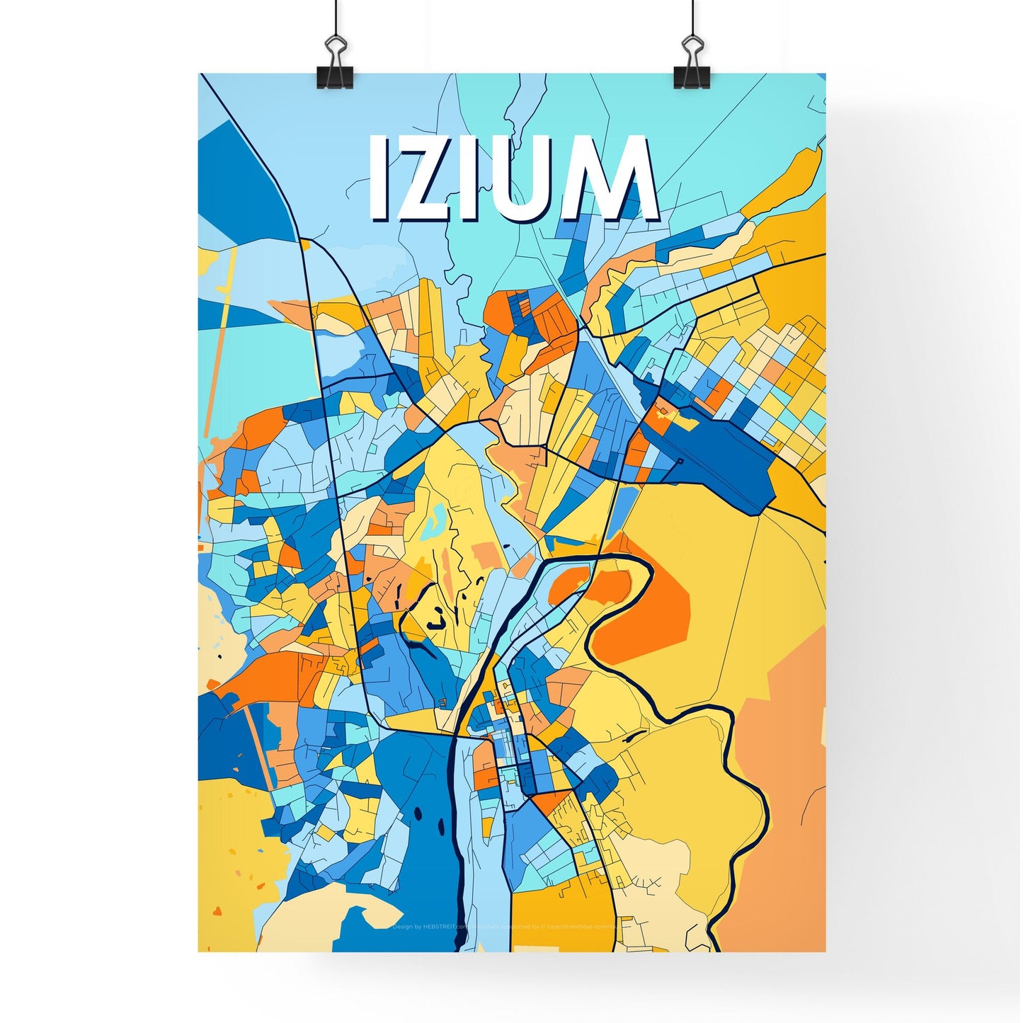 IZIUM UKRAINE Vibrant Colorful Art Map Poster Blue Orange