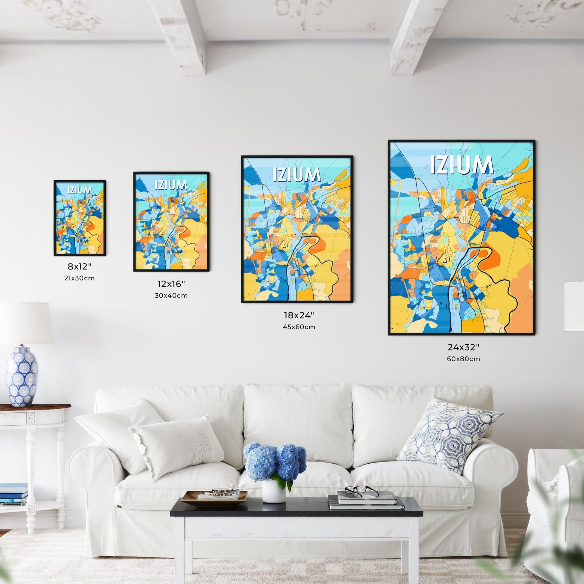 IZIUM UKRAINE Vibrant Colorful Art Map Poster Blue Orange