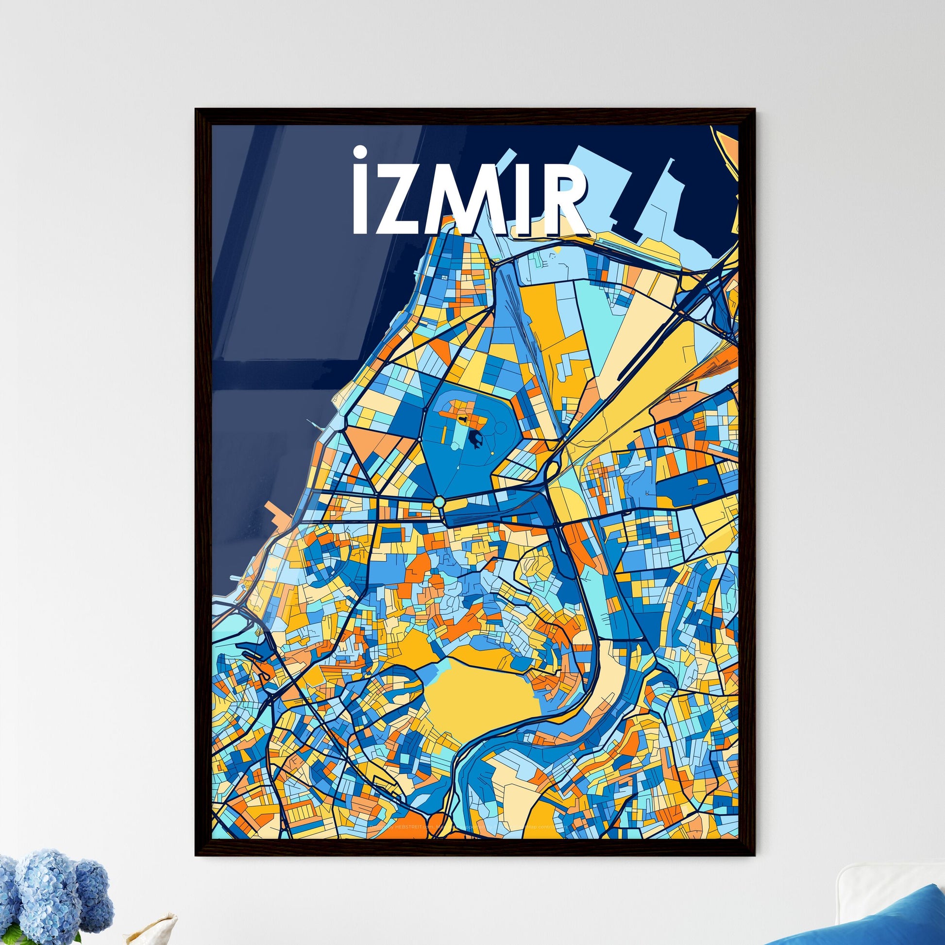 İZMIR TURKEY Vibrant Colorful Art Map Poster Blue Orange