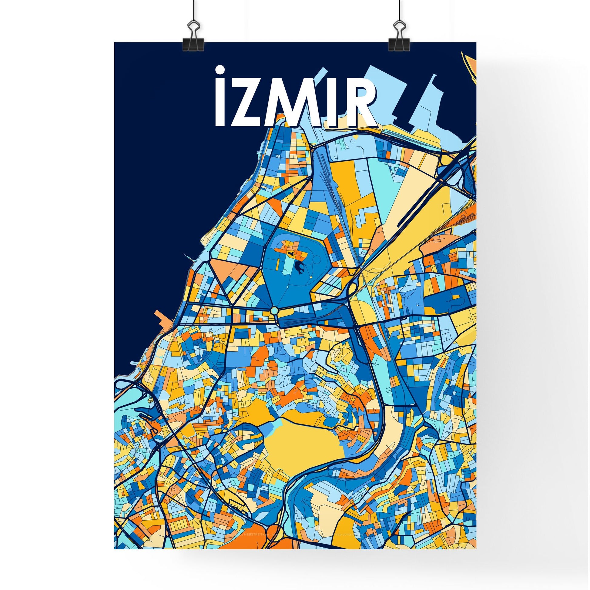 İZMIR TURKEY Vibrant Colorful Art Map Poster Blue Orange