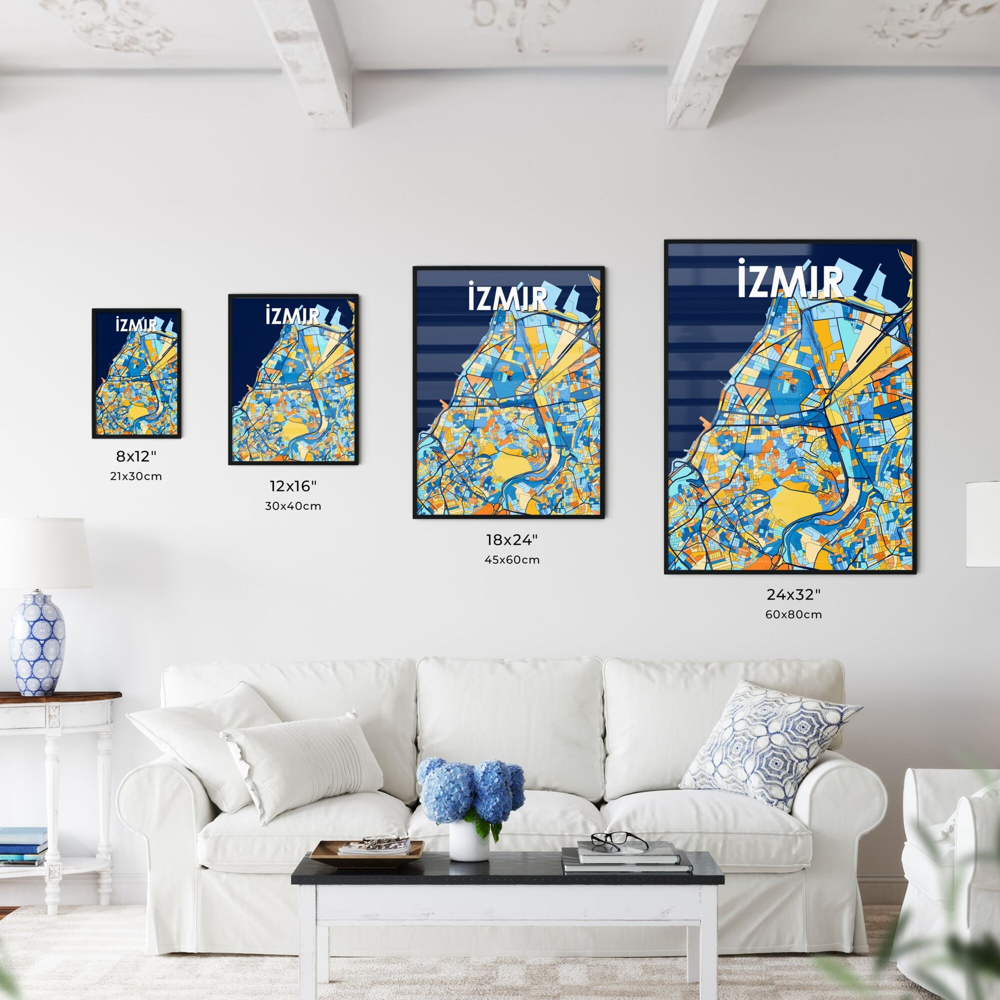 İZMIR TURKEY Vibrant Colorful Art Map Poster Blue Orange