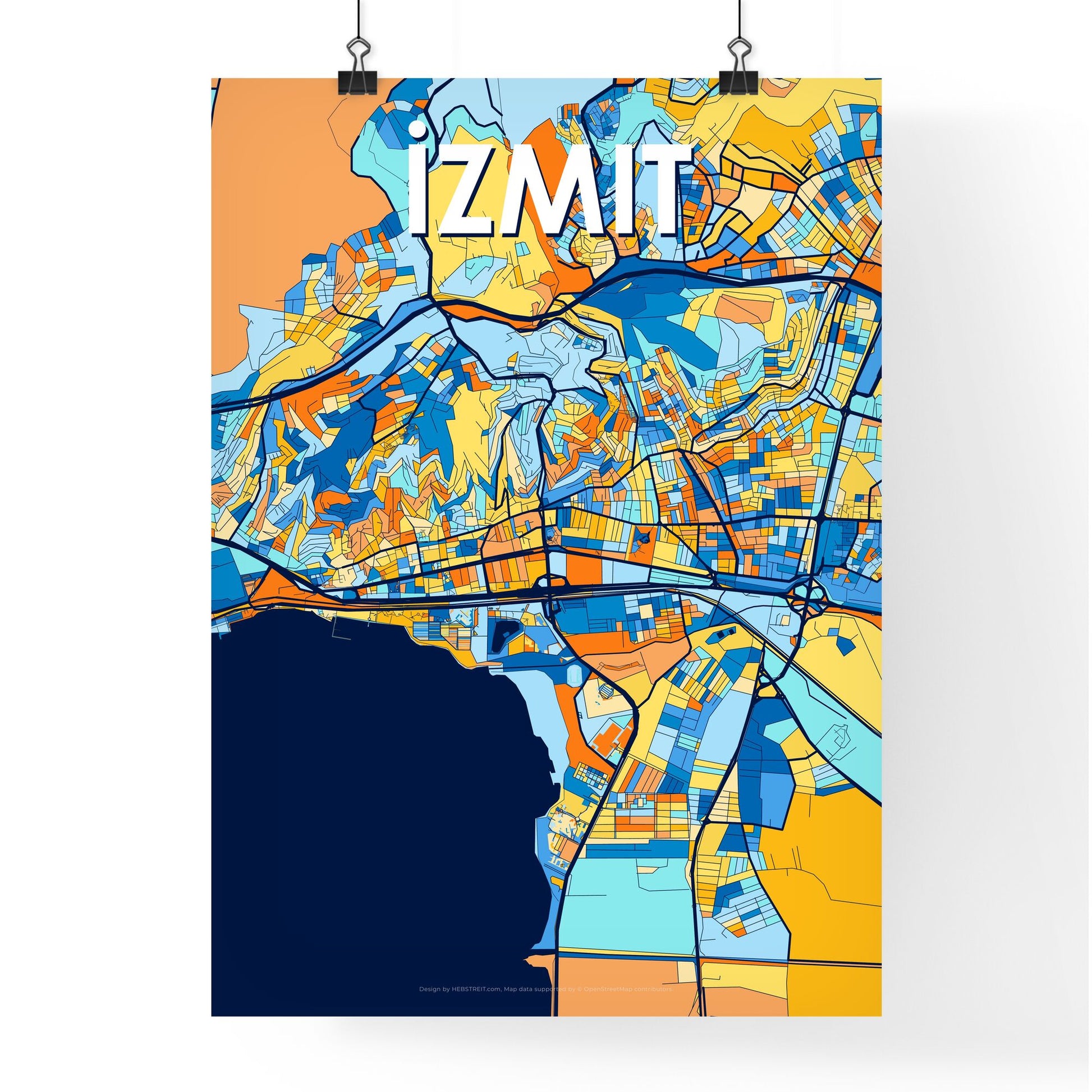 İZMIT TURKEY Vibrant Colorful Art Map Poster Blue Orange