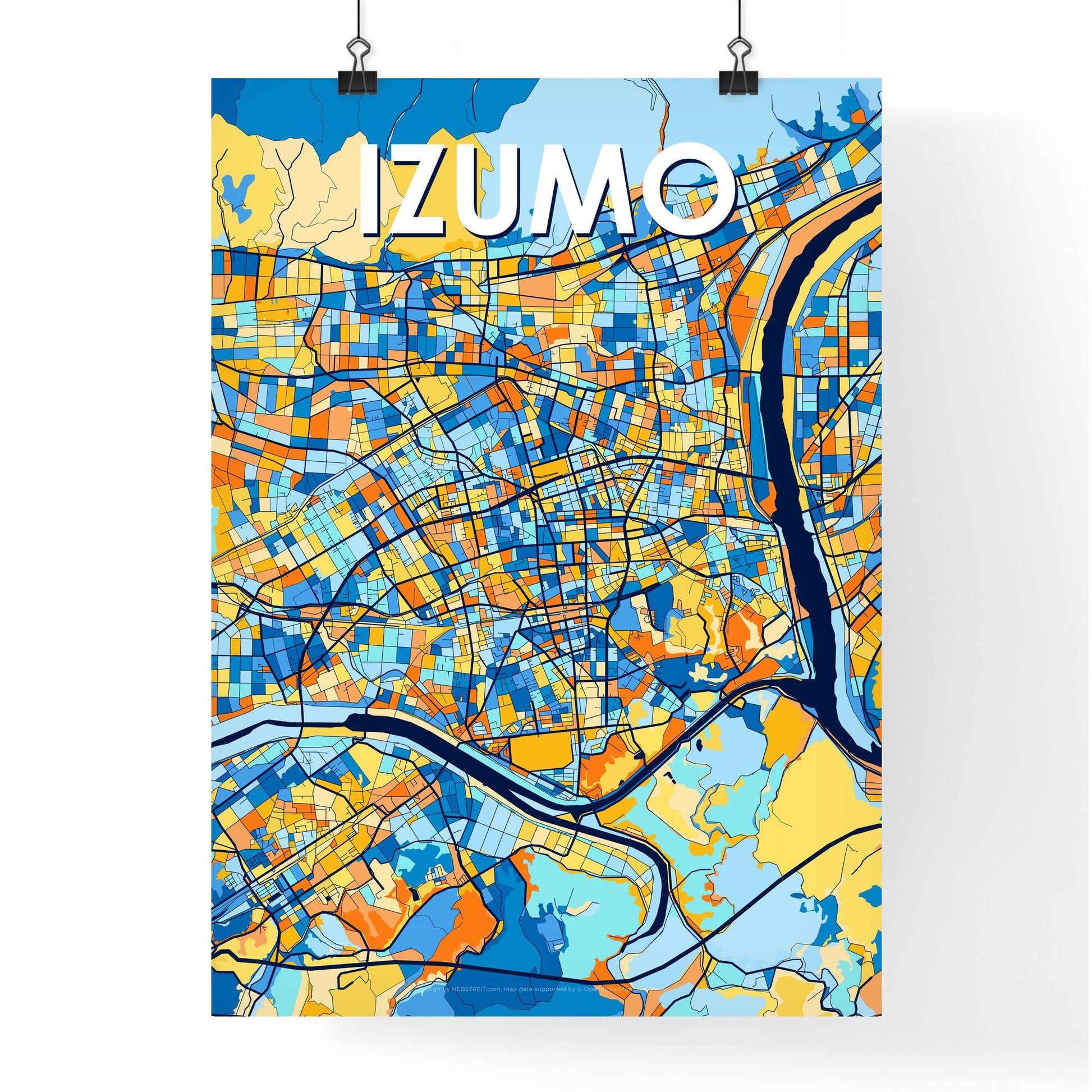 IZUMO JAPAN Vibrant Colorful Art Map Poster Blue Orange