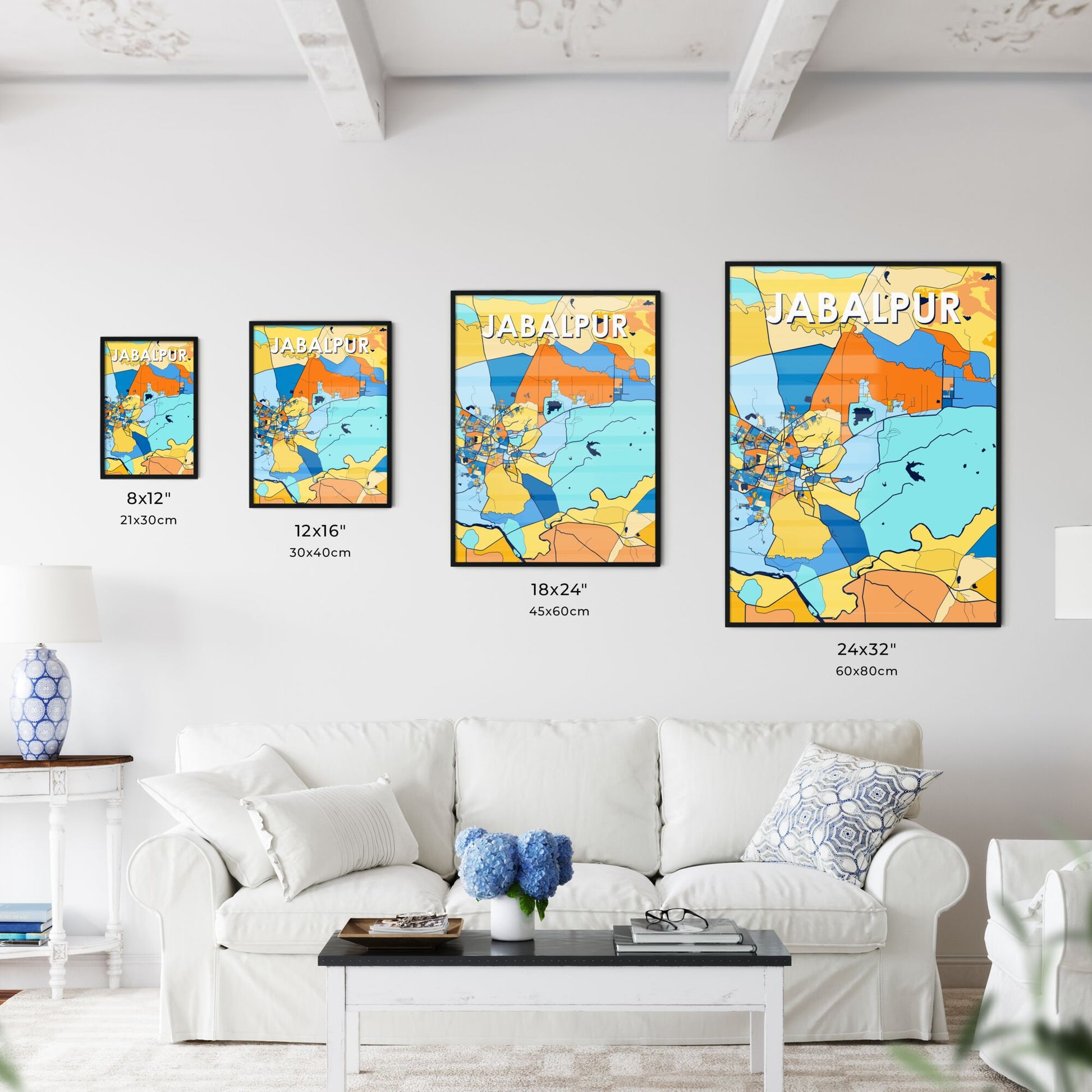 JABALPUR INDIA Vibrant Colorful Art Map Poster Blue Orange