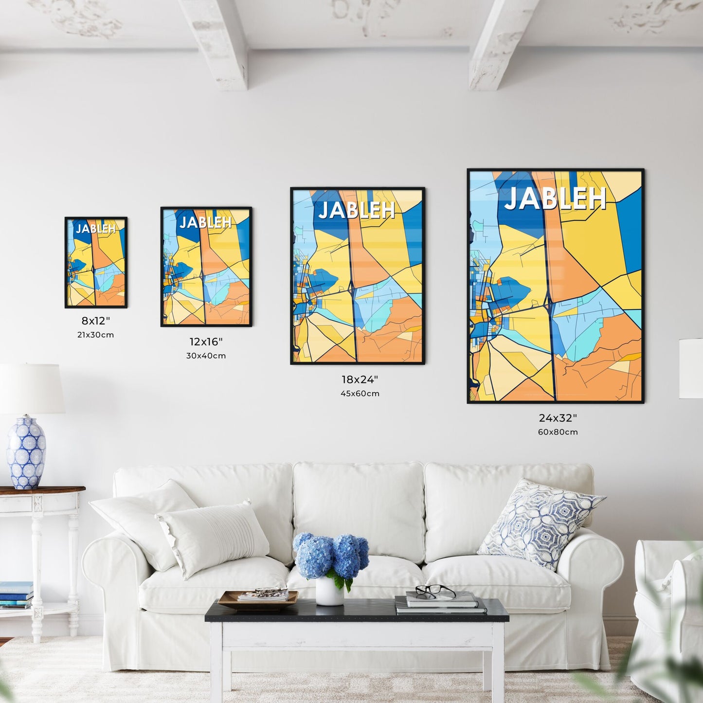 JABLEH SYRIA Vibrant Colorful Art Map Poster Blue Orange