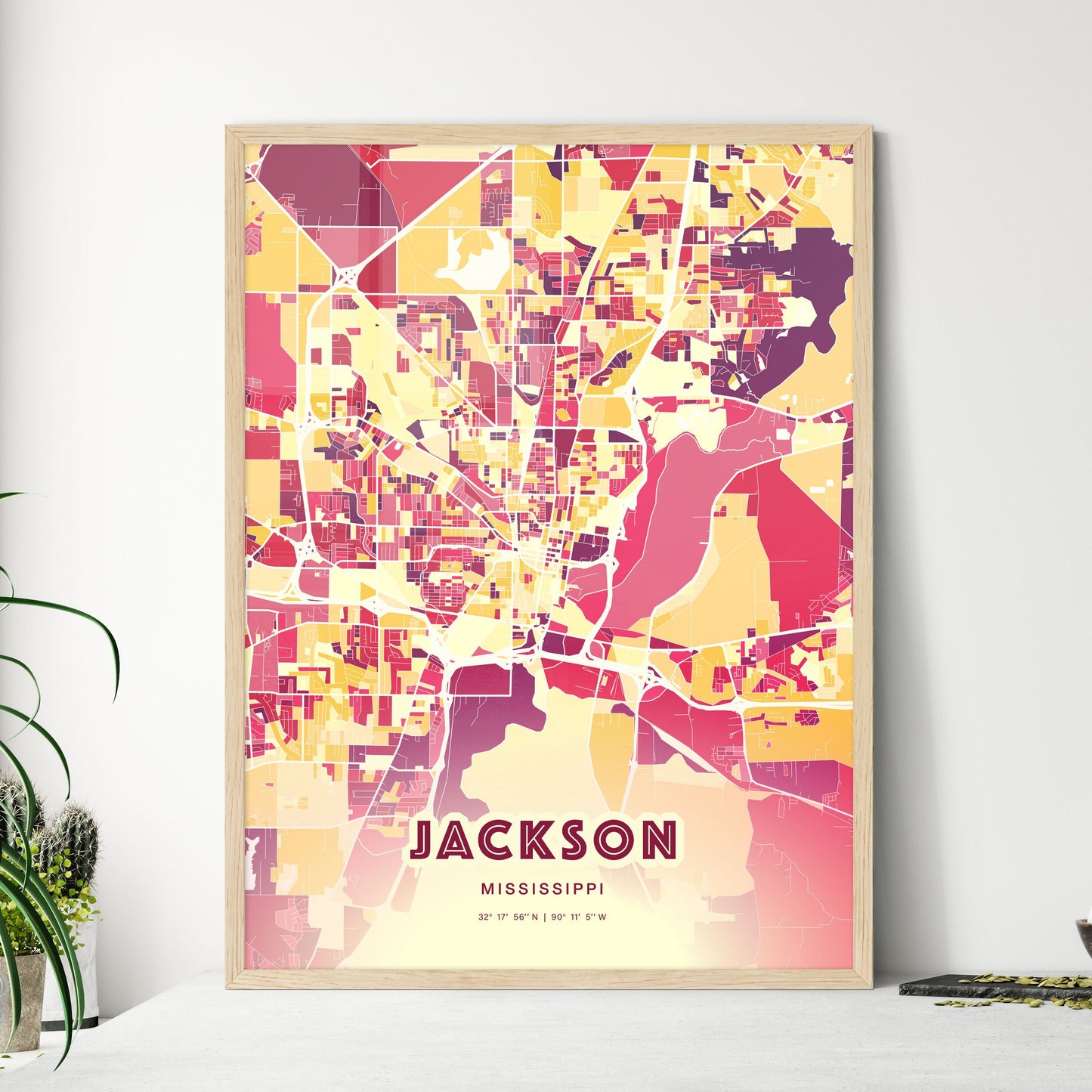 Colorful Jackson Mississippi Fine Art Map Hot Red