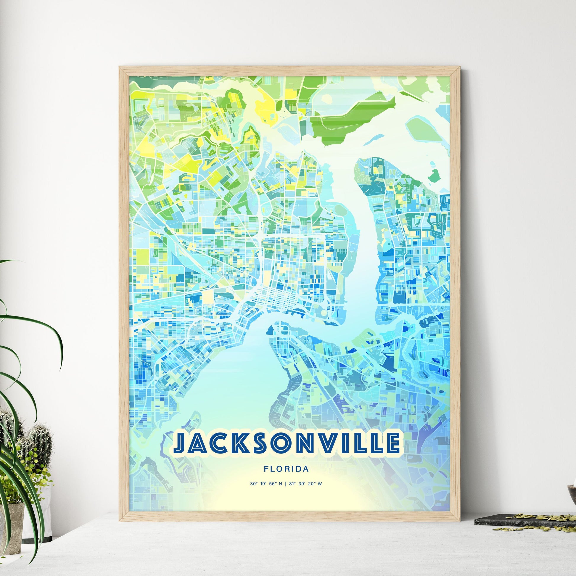 Colorful Jacksonville Florida Fine Art Map Cool Blue