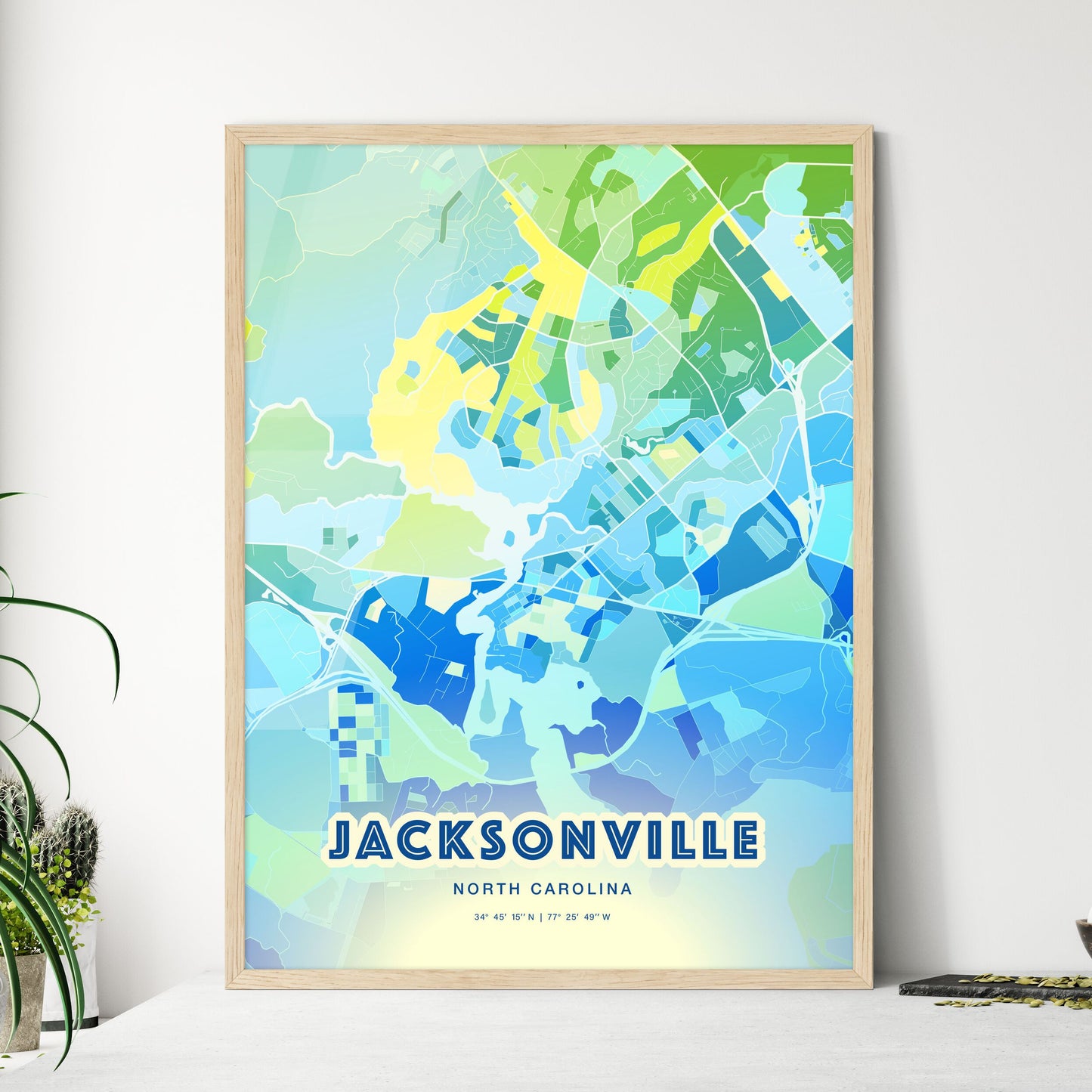 Colorful Jacksonville North Carolina Fine Art Map Cool Blue