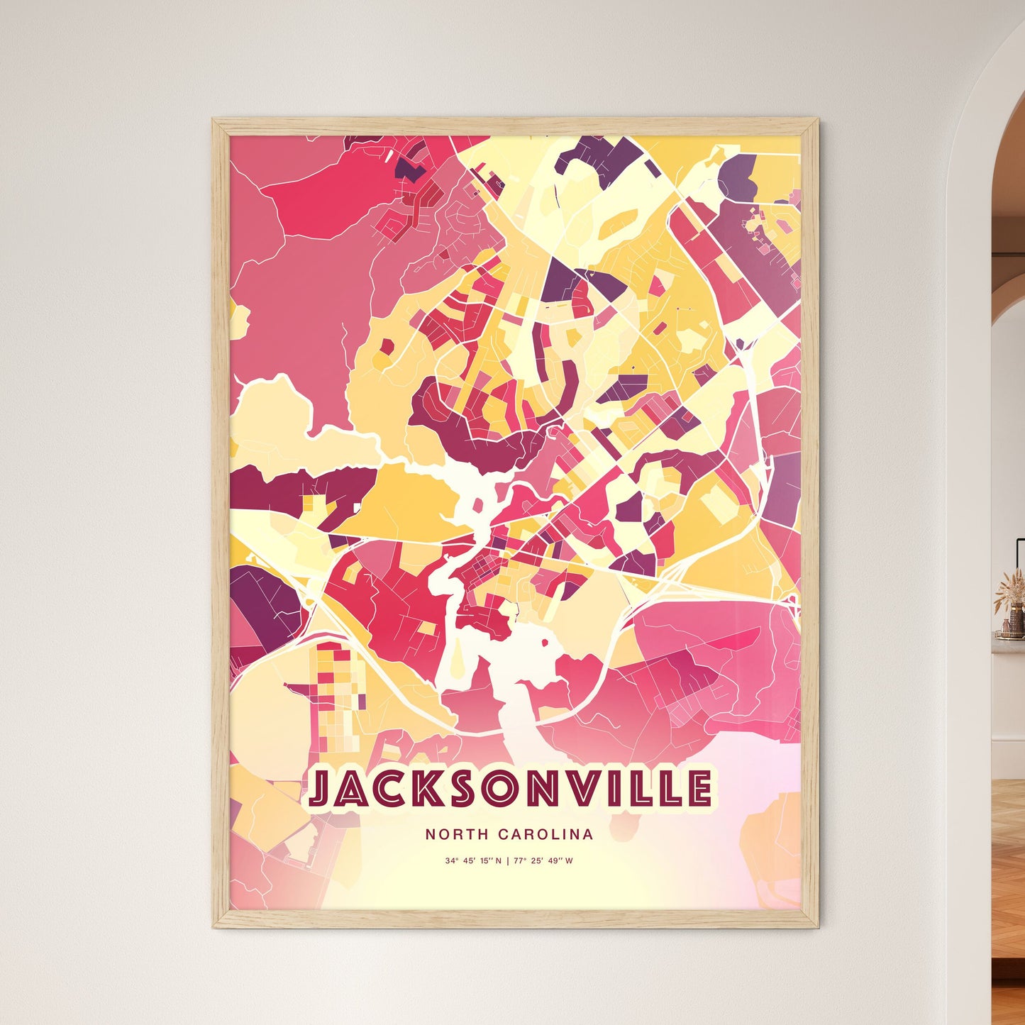 Colorful Jacksonville North Carolina Fine Art Map Hot Red