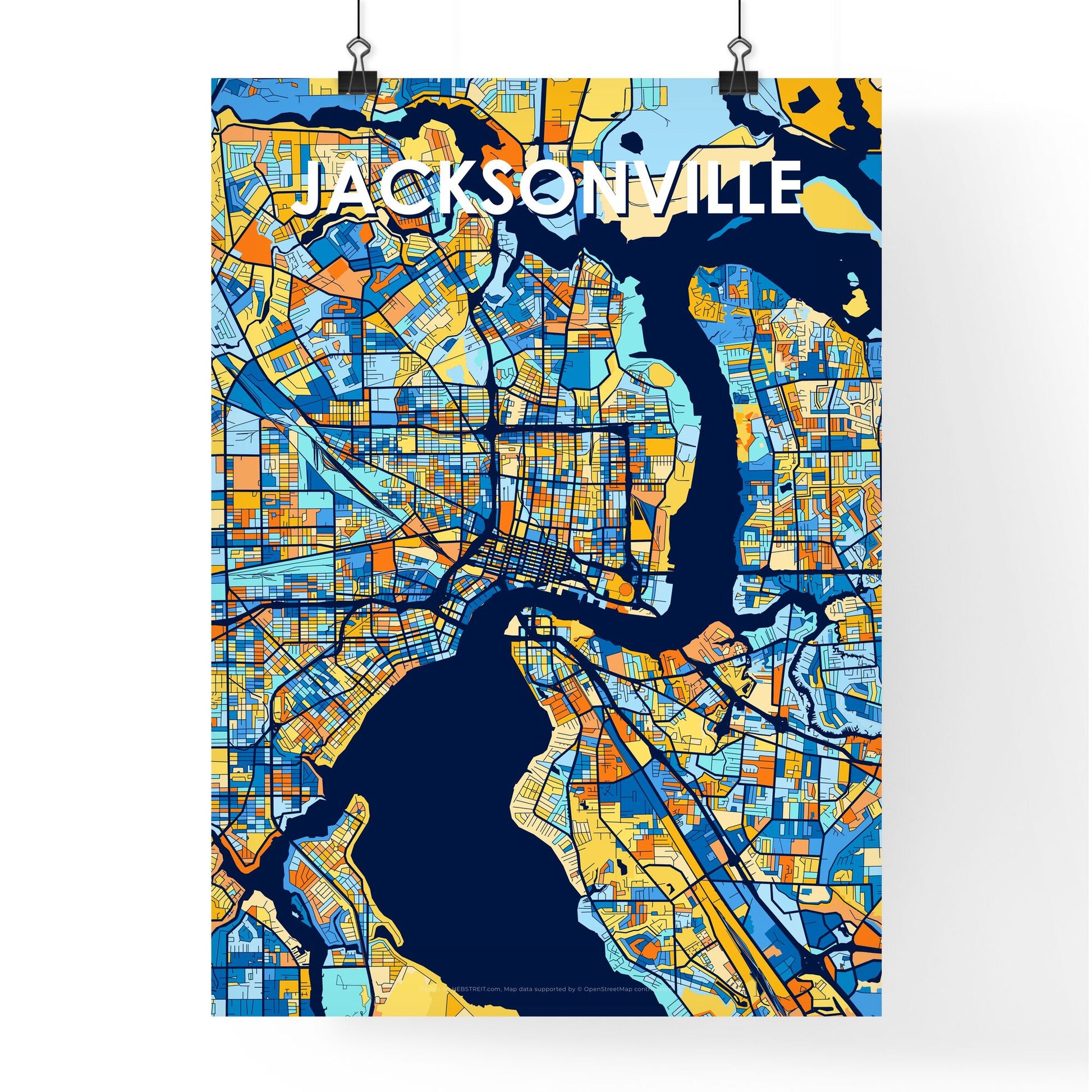 JACKSONVILLE FLORIDA Vibrant Colorful Art Map Poster Blue Orange